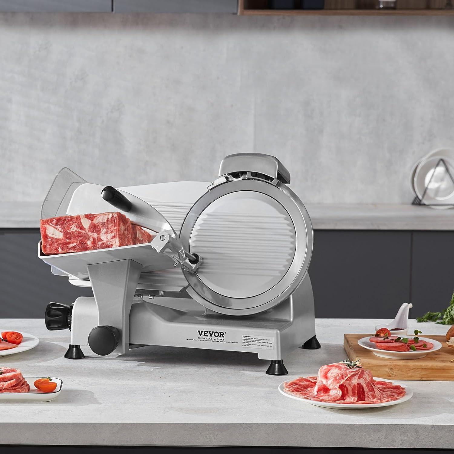 image:imageVEVOR Commercial Meat Slicer 10 inch Electric Food Slicer 240W Frozen Meat Deli Slicer Premium Chromiumplated Steel Blade SemiAuto Meat Slicer For Commercial and Home use10IN340W