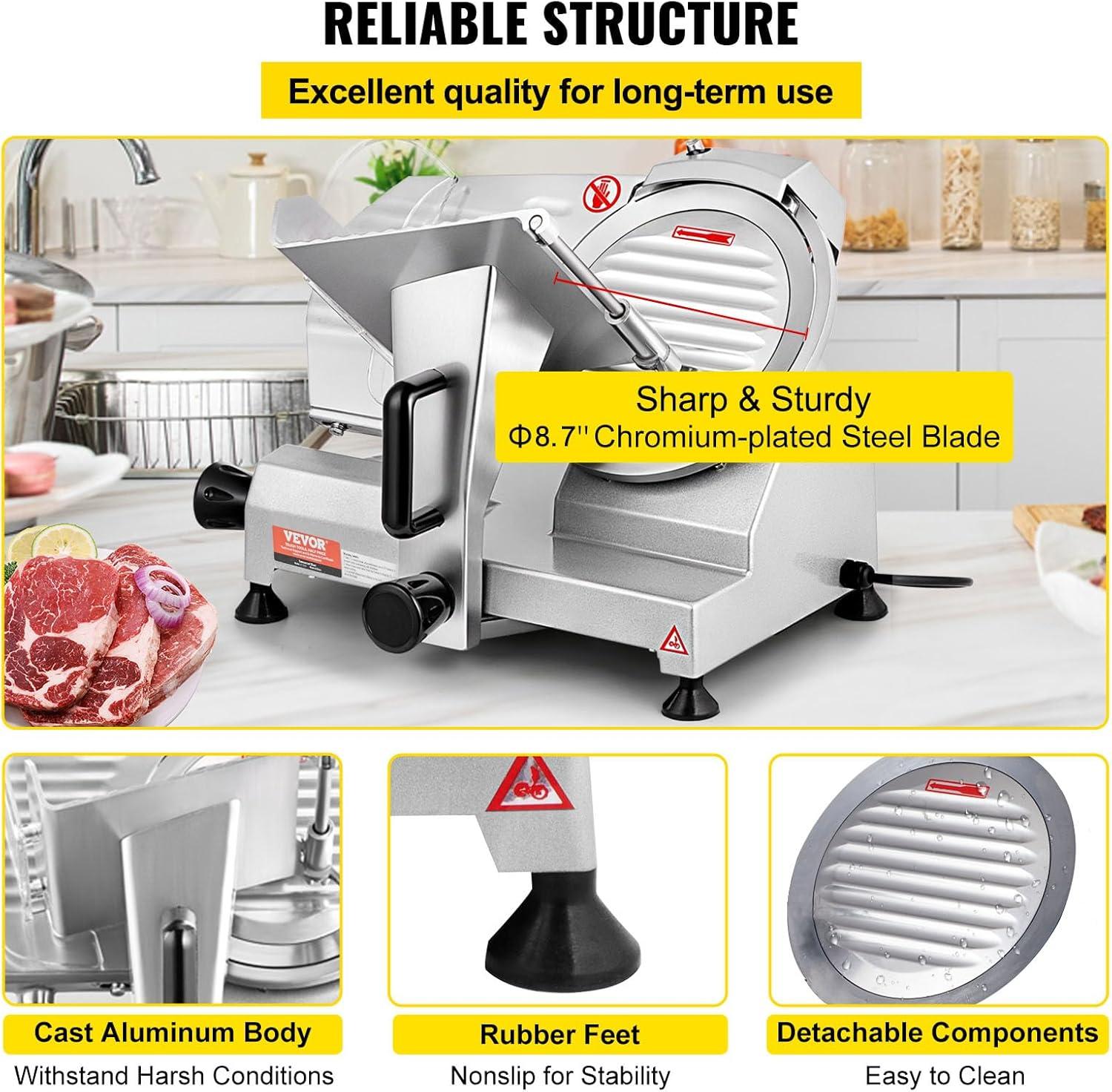 image:imageVEVOR Commercial Meat Slicer 10 inch Electric Food Slicer 240W Frozen Meat Deli Slicer Premium Chromiumplated Steel Blade SemiAuto Meat Slicer For Commercial and Home use87IN200W