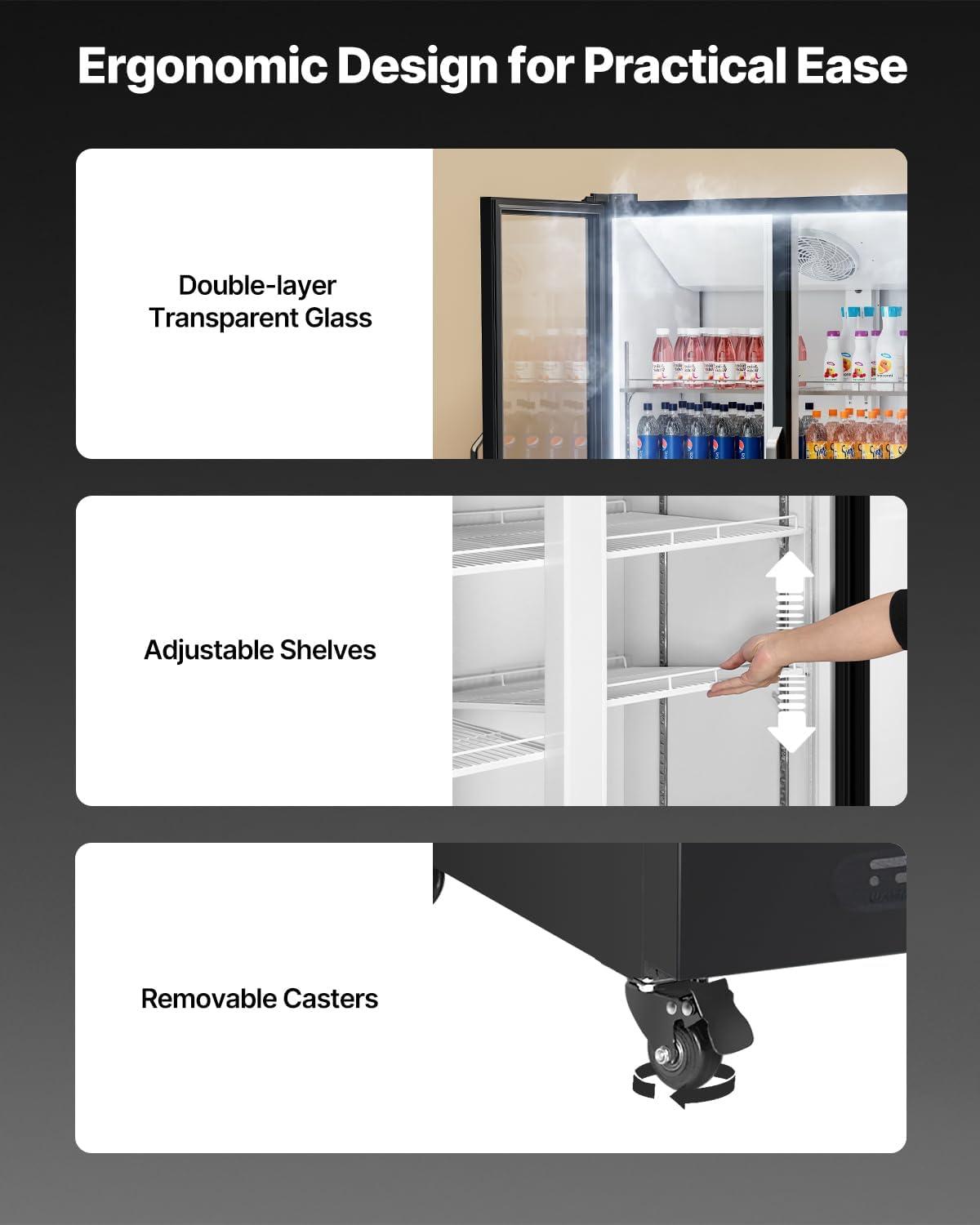 image:imageVEVOR Commercial Merchandiser Refrigerator 1147 CUFT Glass Door Display Refrigerator Upright Beverage Refrigerator Cooler Merchandiser with 4 Adjustable Shelves Casters Soft LED Light Black2669 cuft