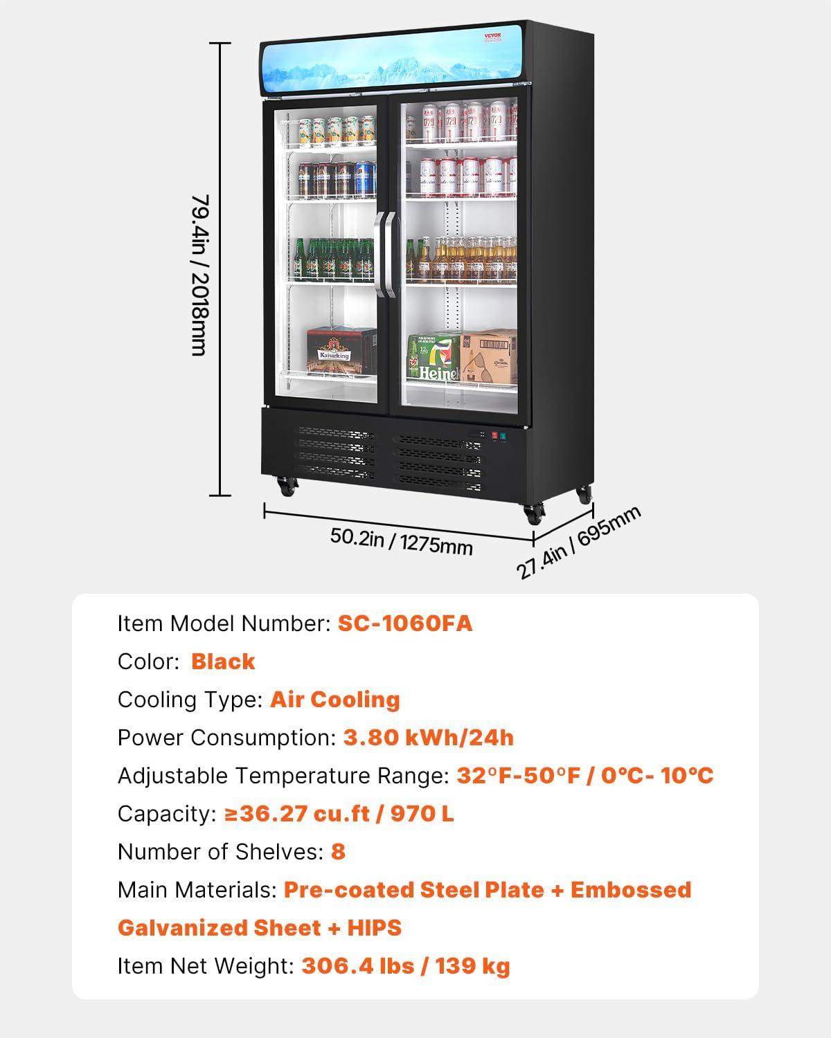 image:imageVEVOR Commercial Merchandiser Refrigerator 1147 CUFT Glass Door Display Refrigerator Upright Beverage Refrigerator Cooler Merchandiser with 4 Adjustable Shelves Casters Soft LED Light Black3627 cuft