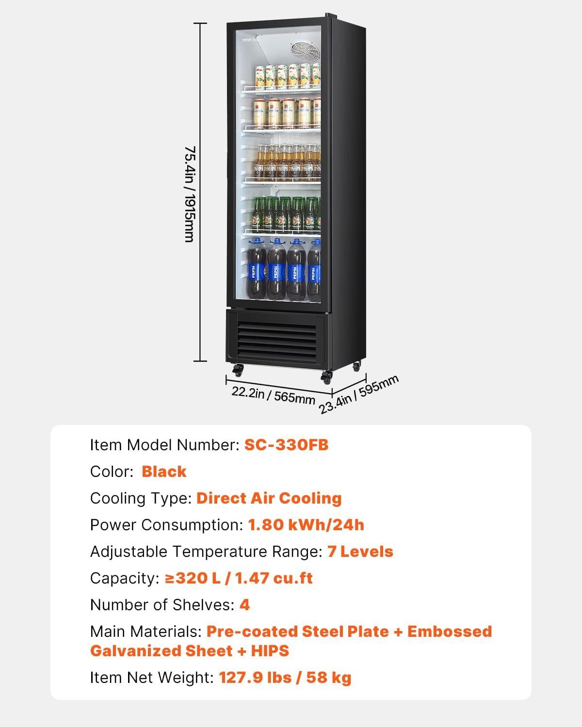 image:imageVEVOR Commercial Merchandiser Refrigerator 1147 CUFT Glass Door Display Refrigerator Upright Beverage Refrigerator Cooler Merchandiser with 4 Adjustable Shelves Casters Soft LED Light Black1147 cuft