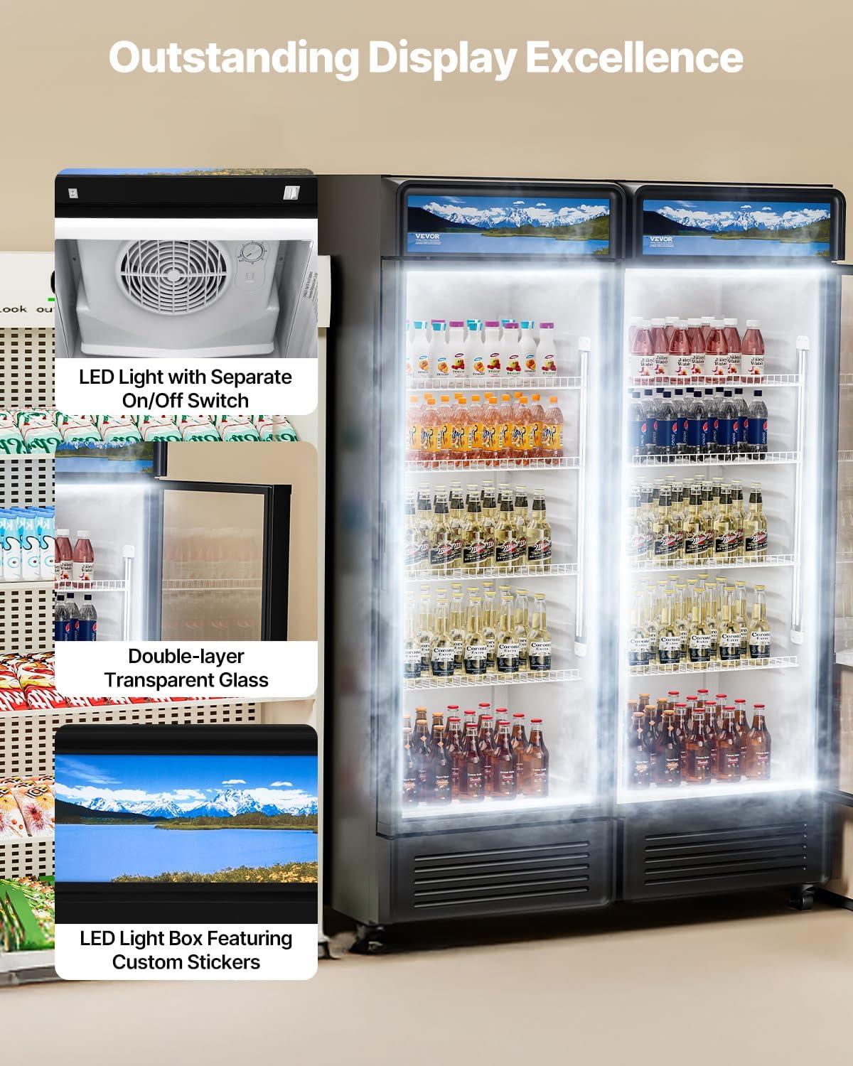 image:imageVEVOR Commercial Merchandiser Refrigerator 1147 CUFT Glass Door Display Refrigerator Upright Beverage Refrigerator Cooler Merchandiser with 4 Adjustable Shelves Casters Soft LED Light Black133 cuft