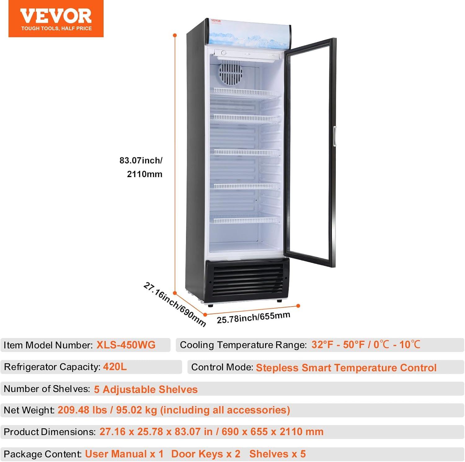 image:imageVEVOR Commercial Merchandiser Refrigerator 1147 CUFT Glass Door Display Refrigerator Upright Beverage Refrigerator Cooler Merchandiser with 4 Adjustable Shelves Casters Soft LED Light Black148 cuft
