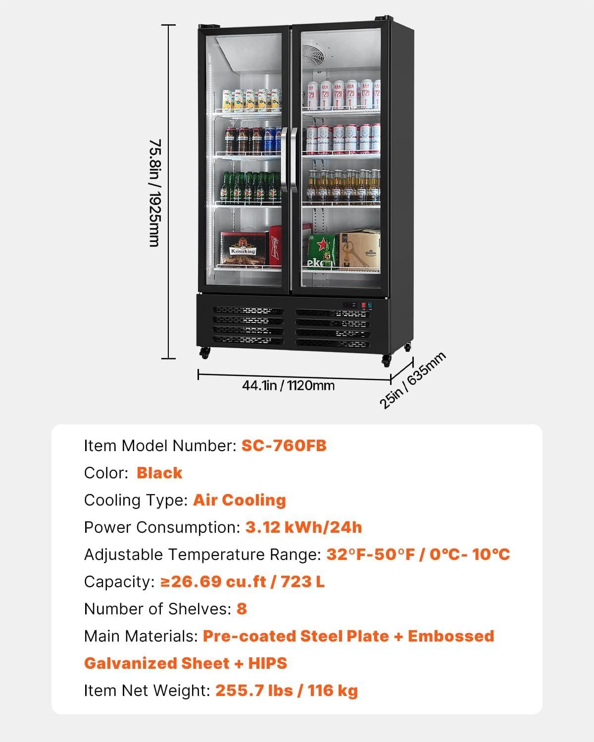 image:imageVEVOR Commercial Merchandiser Refrigerator 1147 CUFT Glass Door Display Refrigerator Upright Beverage Refrigerator Cooler Merchandiser with 4 Adjustable Shelves Casters Soft LED Light Black2669 cuft