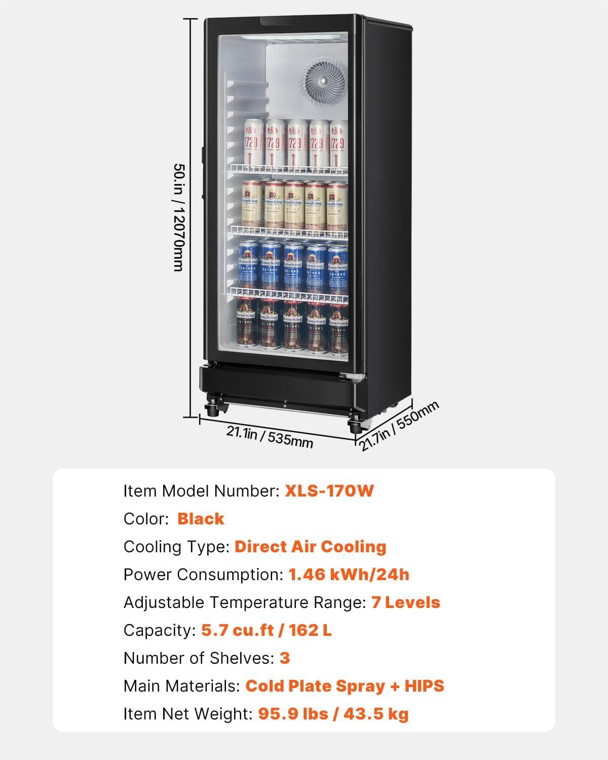 image:imageVEVOR Commercial Merchandiser Refrigerator 1147 CUFT Glass Door Display Refrigerator Upright Beverage Refrigerator Cooler Merchandiser with 4 Adjustable Shelves Casters Soft LED Light Black57 cuft