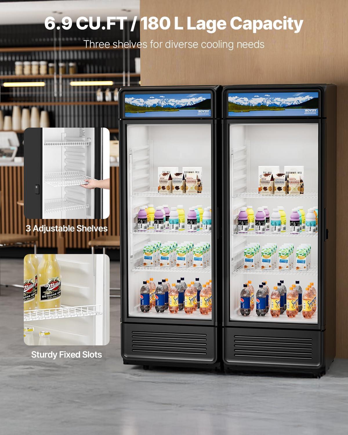 image:imageVEVOR Commercial Merchandiser Refrigerator 1147 CUFT Glass Door Display Refrigerator Upright Beverage Refrigerator Cooler Merchandiser with 4 Adjustable Shelves Casters Soft LED Light Black69 cuft
