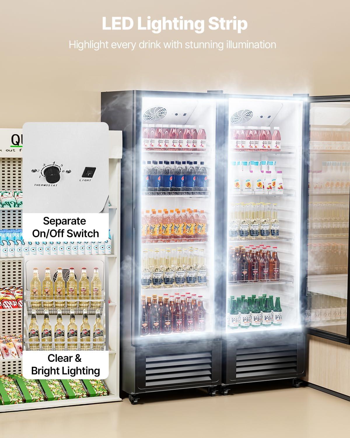 image:imageVEVOR Commercial Merchandiser Refrigerator 1147 CUFT Glass Door Display Refrigerator Upright Beverage Refrigerator Cooler Merchandiser with 4 Adjustable Shelves Casters Soft LED Light Black1147 cuft