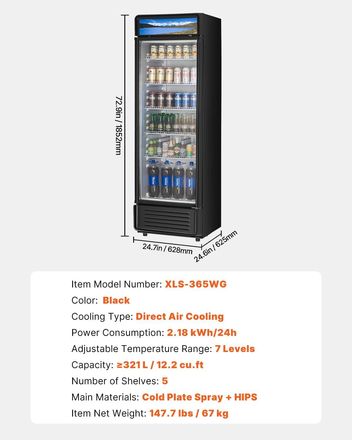 image:imageVEVOR Commercial Merchandiser Refrigerator 1147 CUFT Glass Door Display Refrigerator Upright Beverage Refrigerator Cooler Merchandiser with 4 Adjustable Shelves Casters Soft LED Light Black122 cuft