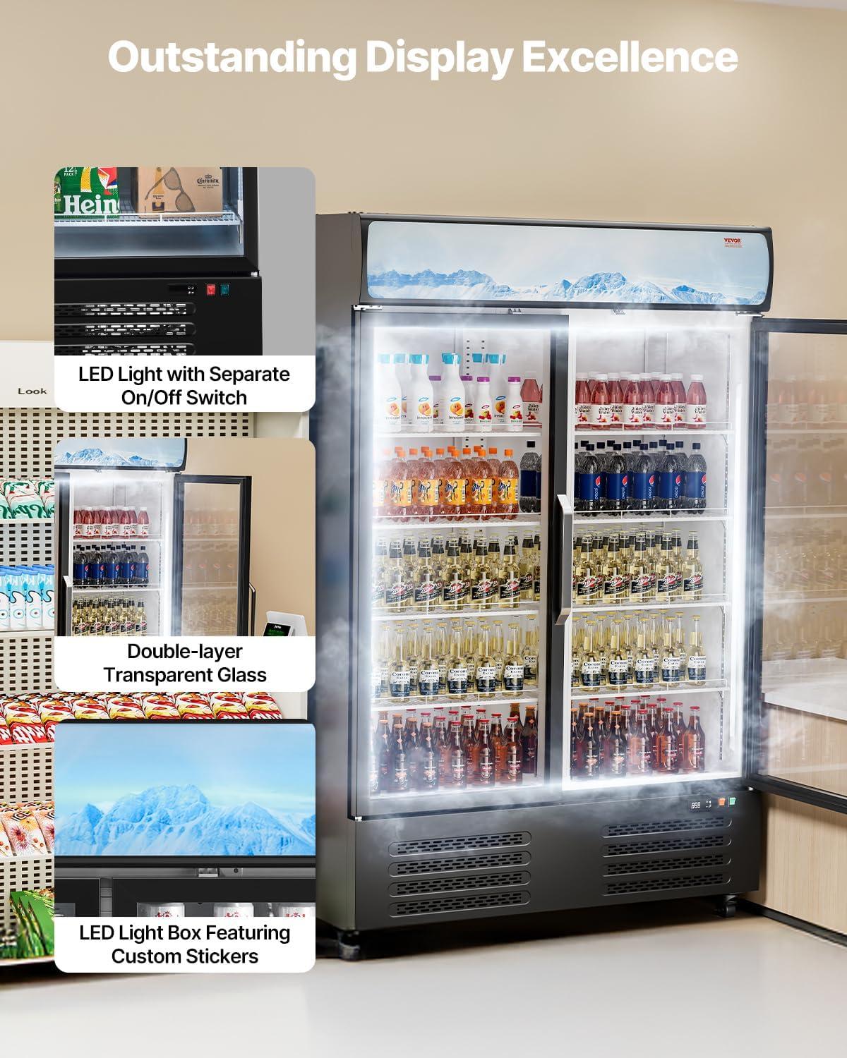 image:imageVEVOR Commercial Merchandiser Refrigerator 1147 CUFT Glass Door Display Refrigerator Upright Beverage Refrigerator Cooler Merchandiser with 4 Adjustable Shelves Casters Soft LED Light Black3627 cuft