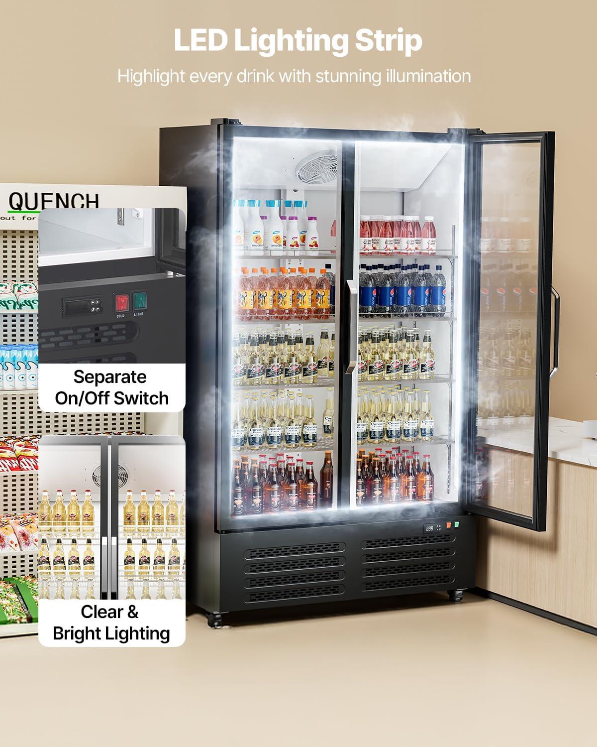 image:imageVEVOR Commercial Merchandiser Refrigerator 1147 CUFT Glass Door Display Refrigerator Upright Beverage Refrigerator Cooler Merchandiser with 4 Adjustable Shelves Casters Soft LED Light Black2669 cuft