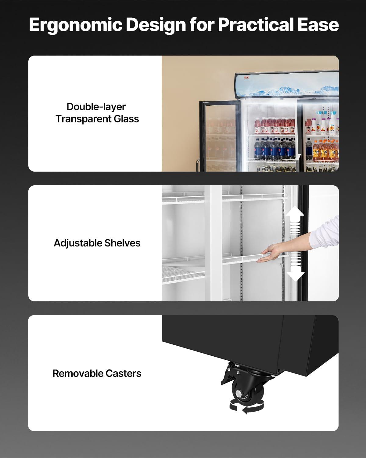 image:imageVEVOR Commercial Merchandiser Refrigerator 1147 CUFT Glass Door Display Refrigerator Upright Beverage Refrigerator Cooler Merchandiser with 4 Adjustable Shelves Casters Soft LED Light Black3627 cuft