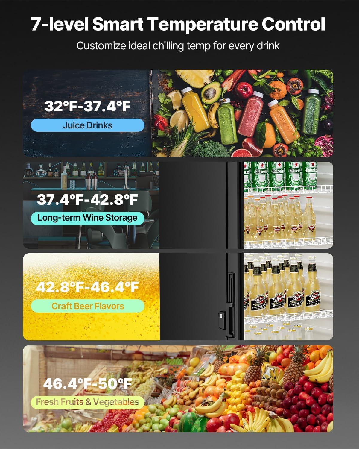 image:imageVEVOR Commercial Merchandiser Refrigerator 1147 CUFT Glass Door Display Refrigerator Upright Beverage Refrigerator Cooler Merchandiser with 4 Adjustable Shelves Casters Soft LED Light Black69 cuft