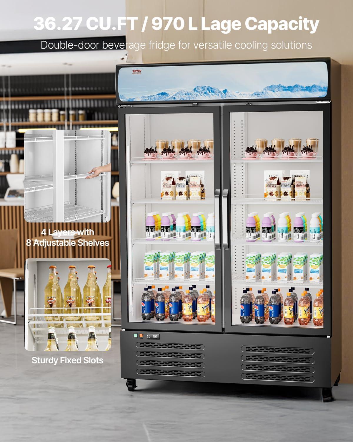 image:imageVEVOR Commercial Merchandiser Refrigerator 1147 CUFT Glass Door Display Refrigerator Upright Beverage Refrigerator Cooler Merchandiser with 4 Adjustable Shelves Casters Soft LED Light Black3627 cuft