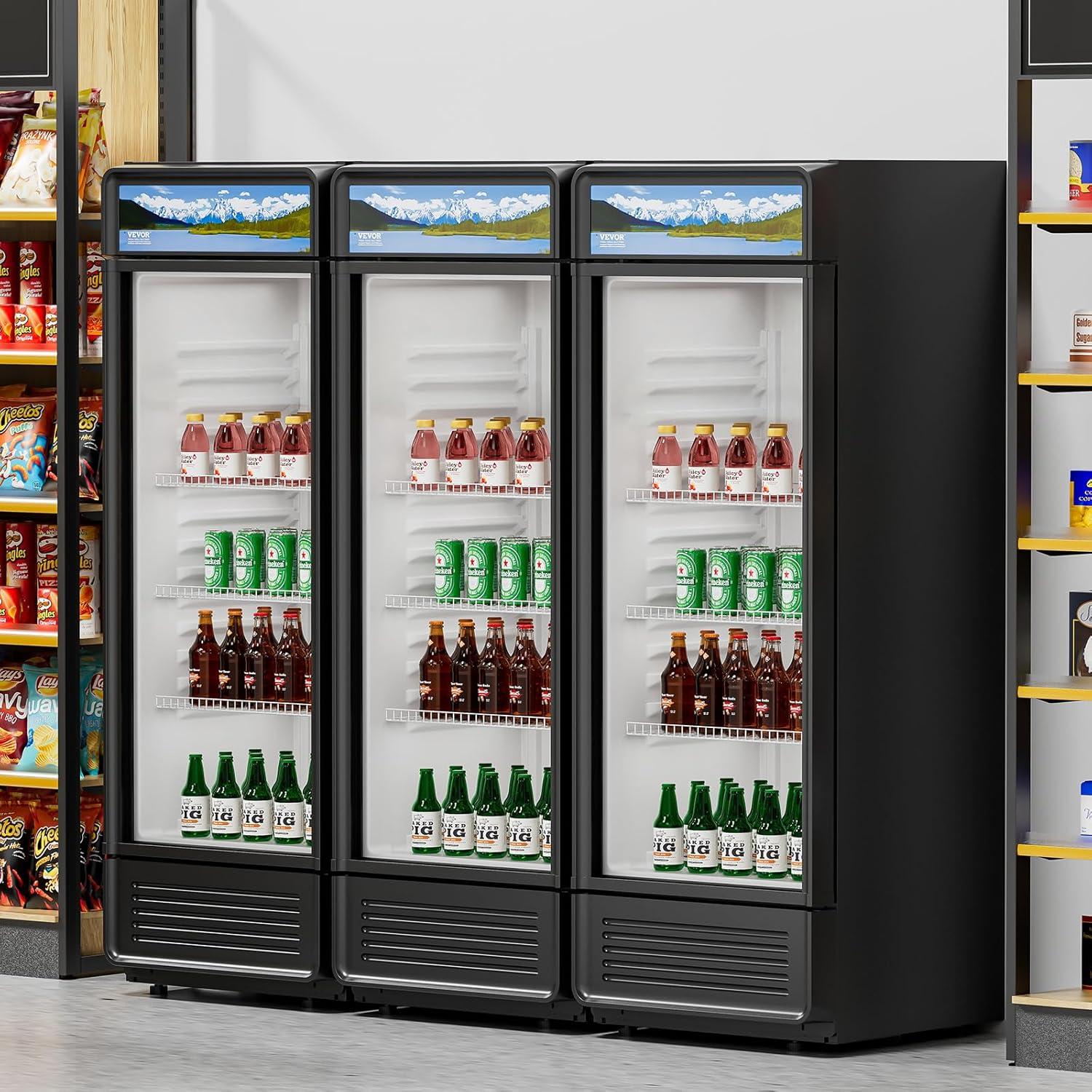 image:imageVEVOR Commercial Merchandiser Refrigerator 1147 CUFT Glass Door Display Refrigerator Upright Beverage Refrigerator Cooler Merchandiser with 4 Adjustable Shelves Casters Soft LED Light Black69 cuft
