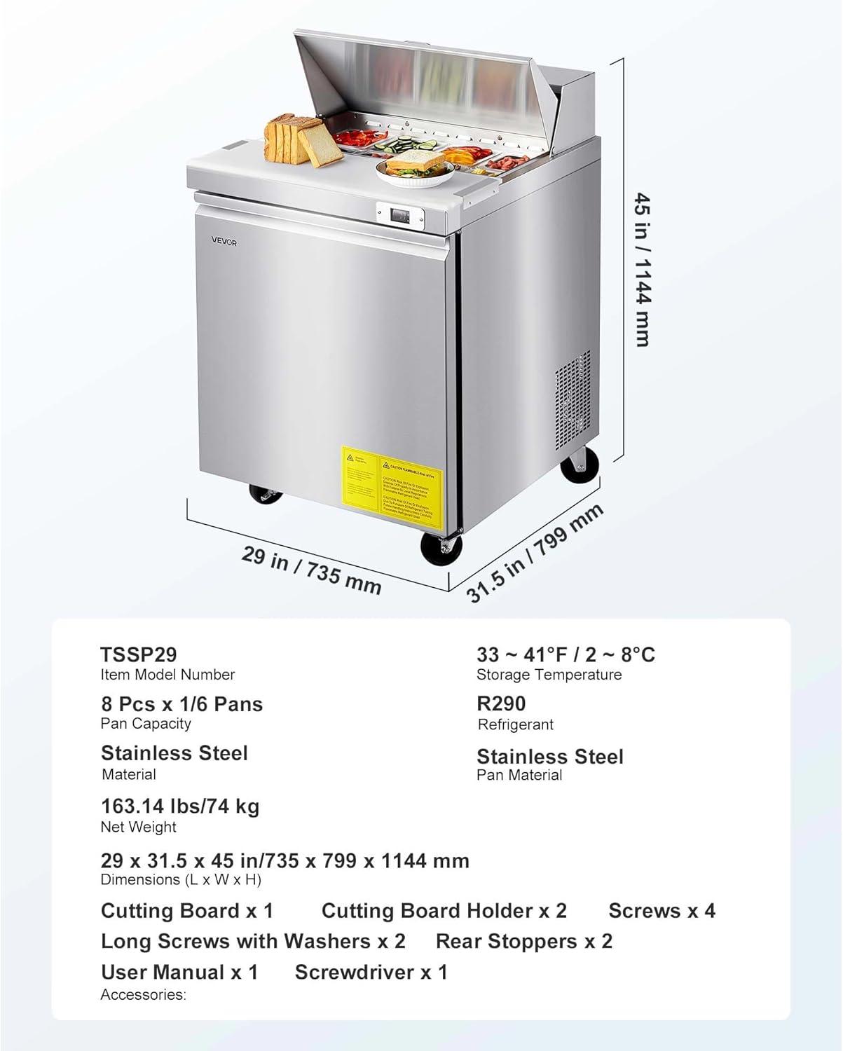 image:imageVEVOR Commercial Refrigerator 28 W SandwichSalad Prep Refrigerated Table Stainless Steel Food Prep Station Fridge with 8 Pan for Restaurant Bar Shop 71 Cu Ft Refrigerator Single Door Silver28W with 8 Pans