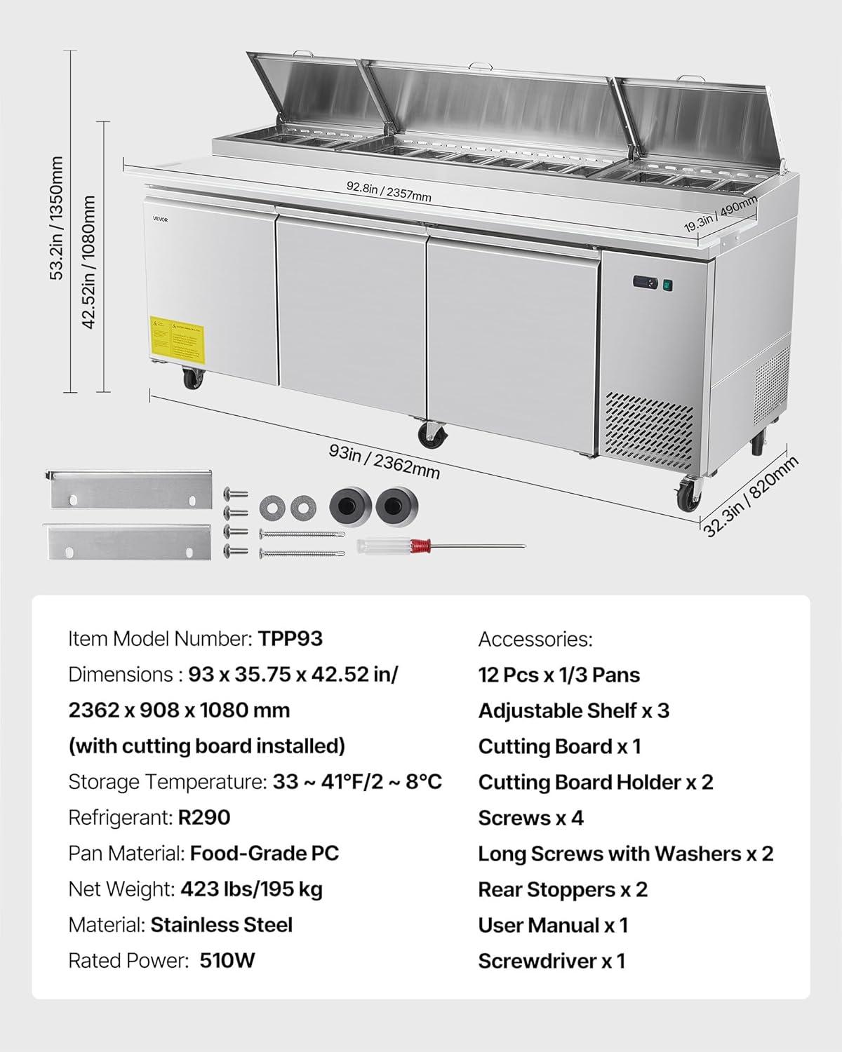 image:imageVEVOR Commercial Refrigerator 28 W SandwichSalad Prep Refrigerated Table Stainless Steel Food Prep Station Fridge with 8 Pan for Restaurant Bar Shop 71 Cu Ft Refrigerator Single Door Silver93 Pizza Prep Refrigerator