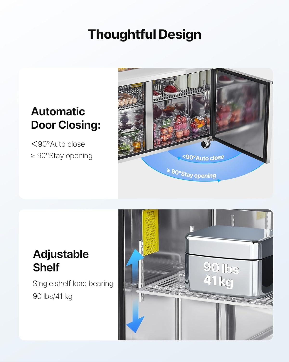 image:imageVEVOR Commercial Refrigerator 48 Worktop Undercounter Refrigerator 1285 Cu Ft Thick Stainless Steel Refrigerated Food Prep Station 2 Door Worktop Fridge with lock for Restaurant Bar Diner60W with 24 Pans