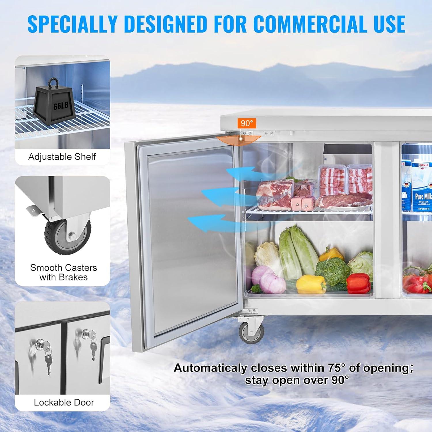 image:imageVEVOR Commercial Refrigerator 48 Worktop Undercounter Refrigerator 1285 Cu Ft Thick Stainless Steel Refrigerated Food Prep Station 2 Door Worktop Fridge with lock for Restaurant Bar Diner72W Worktop Refrigerator