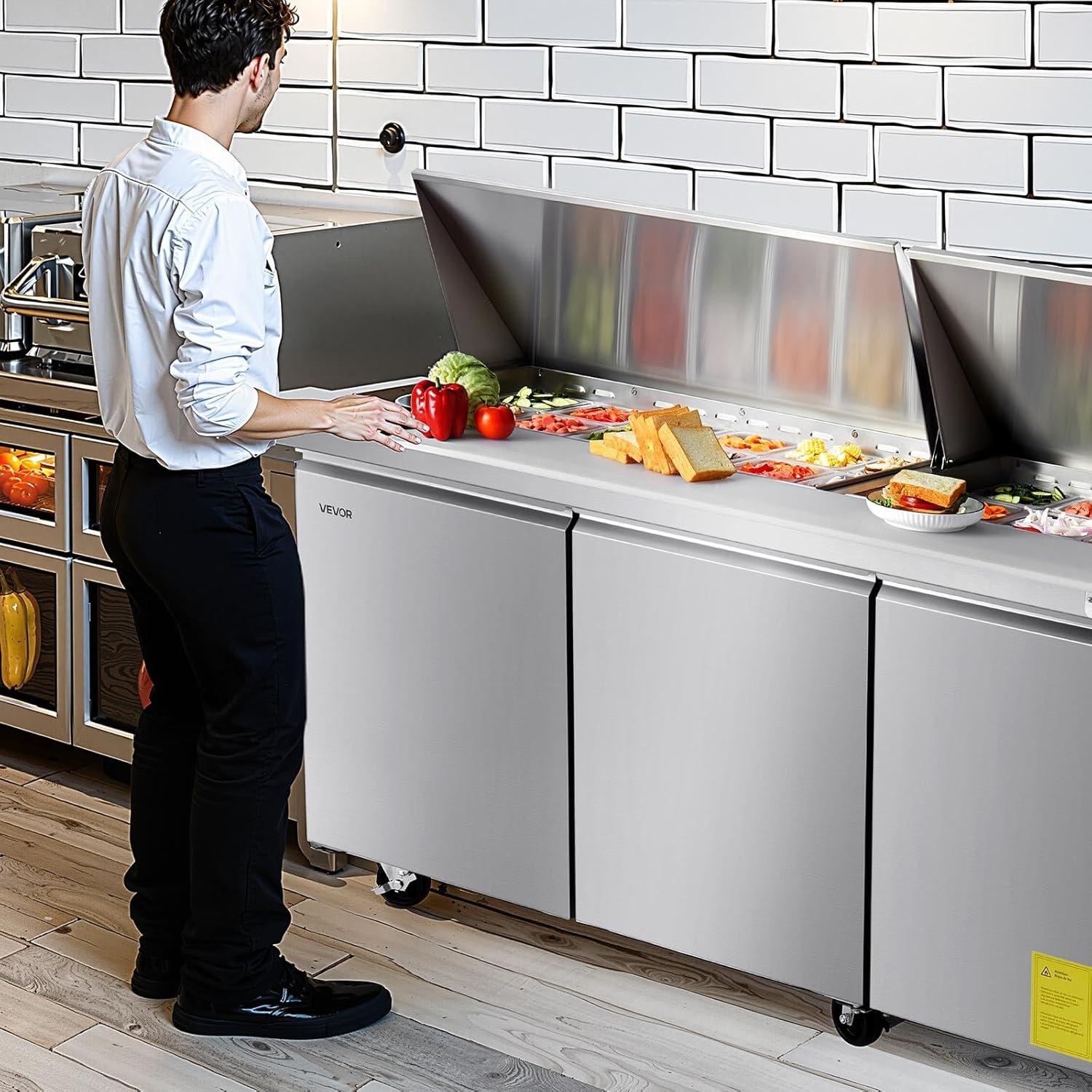 image:imageVEVOR Commercial Refrigerator 48 Worktop Undercounter Refrigerator 1285 Cu Ft Thick Stainless Steel Refrigerated Food Prep Station 2 Door Worktop Fridge with lock for Restaurant Bar Diner72W with 30 Pans