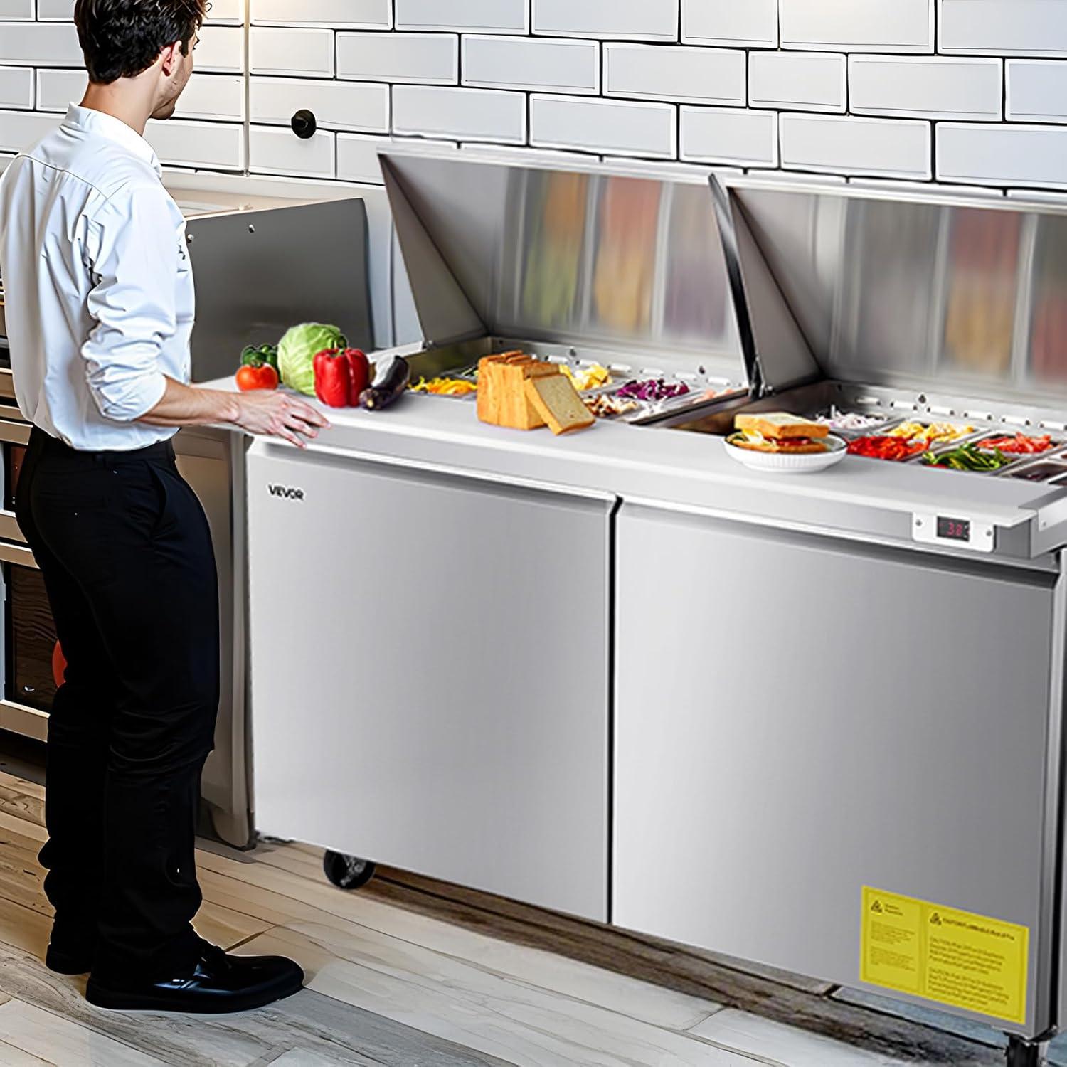 image:imageVEVOR Commercial Refrigerator 48 Worktop Undercounter Refrigerator 1285 Cu Ft Thick Stainless Steel Refrigerated Food Prep Station 2 Door Worktop Fridge with lock for Restaurant Bar Diner60W with 24 Pans