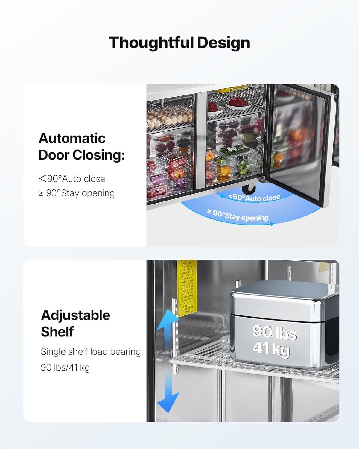 image:imageVEVOR Commercial Refrigerator 48 Worktop Undercounter Refrigerator 1285 Cu Ft Thick Stainless Steel Refrigerated Food Prep Station 2 Door Worktop Fridge with lock for Restaurant Bar Diner72W with 30 Pans