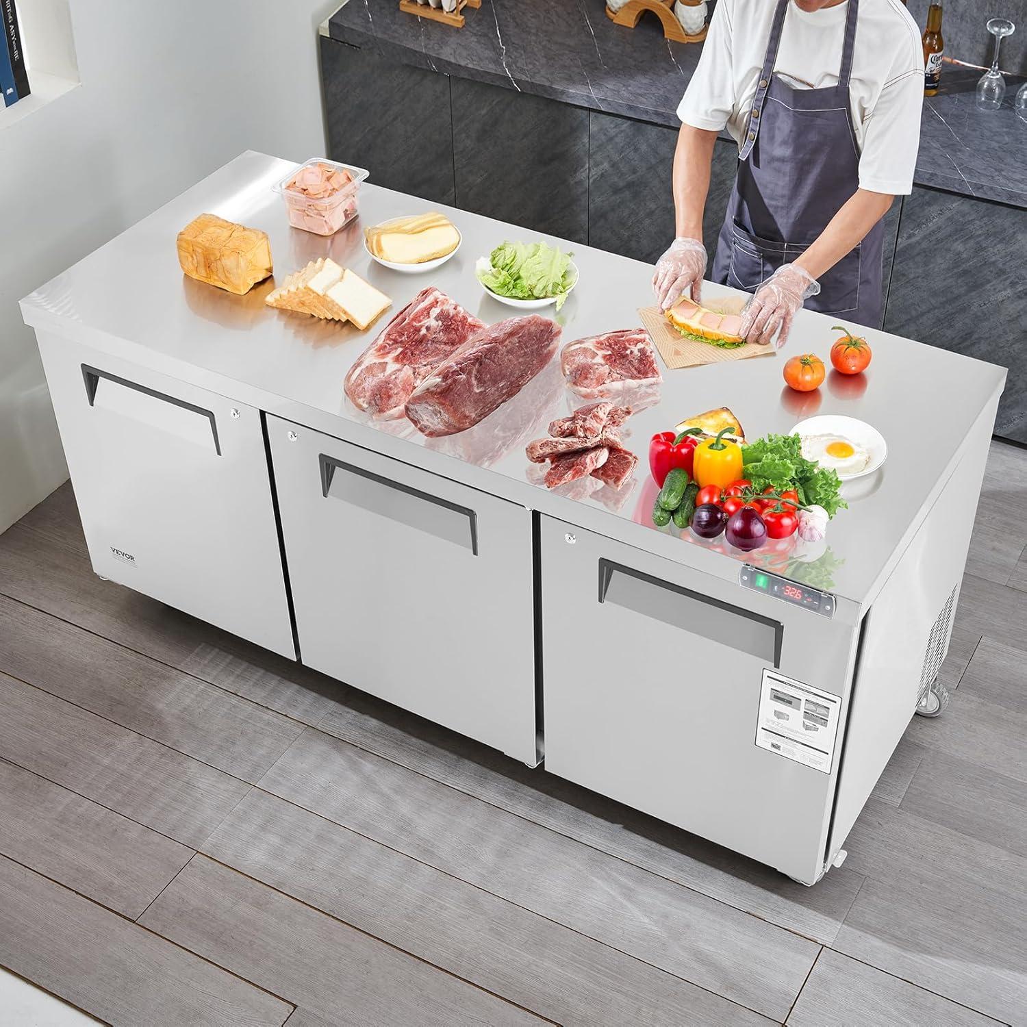 image:imageVEVOR Commercial Refrigerator 48 Worktop Undercounter Refrigerator 1285 Cu Ft Thick Stainless Steel Refrigerated Food Prep Station 2 Door Worktop Fridge with lock for Restaurant Bar Diner72W Worktop Refrigerator