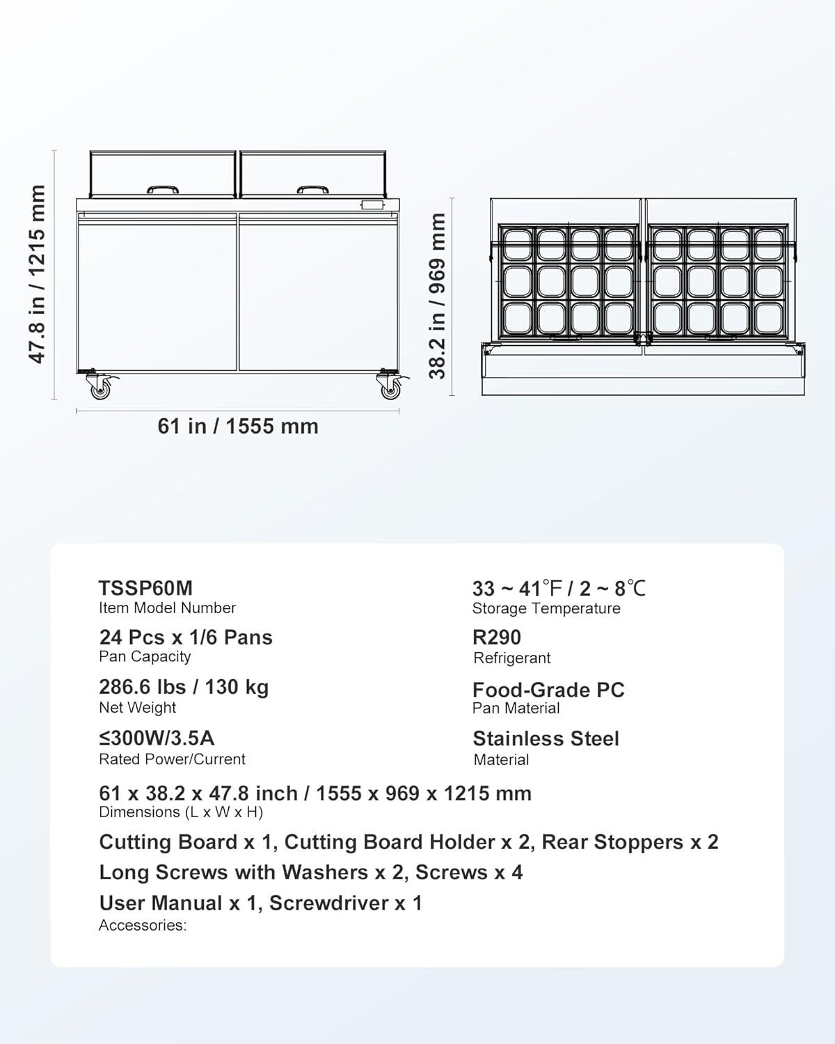 image:imageVEVOR Commercial Refrigerator 48 Worktop Undercounter Refrigerator 1285 Cu Ft Thick Stainless Steel Refrigerated Food Prep Station 2 Door Worktop Fridge with lock for Restaurant Bar Diner60W with 24 Pans