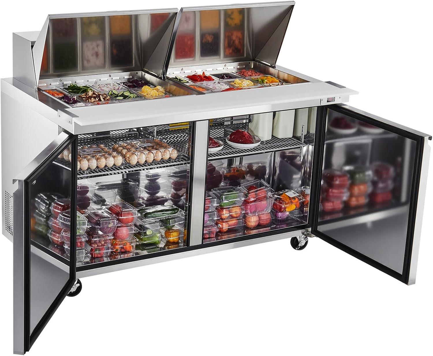 image:imageVEVOR Commercial Refrigerator 48 Worktop Undercounter Refrigerator 1285 Cu Ft Thick Stainless Steel Refrigerated Food Prep Station 2 Door Worktop Fridge with lock for Restaurant Bar Diner60W with 24 Pans