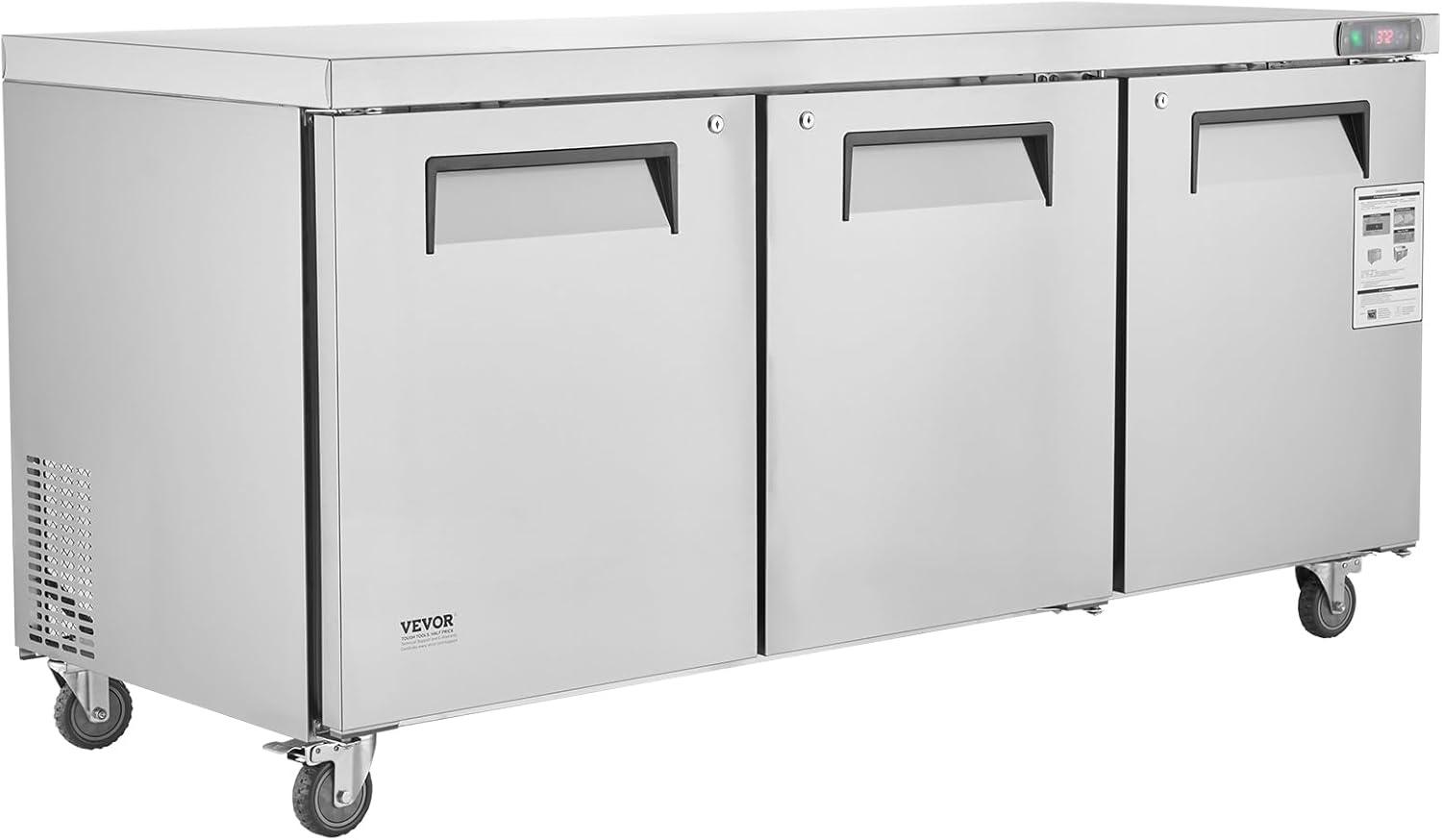 image:imageVEVOR Commercial Refrigerator 48 Worktop Undercounter Refrigerator 1285 Cu Ft Thick Stainless Steel Refrigerated Food Prep Station 2 Door Worktop Fridge with lock for Restaurant Bar Diner72W Worktop Refrigerator