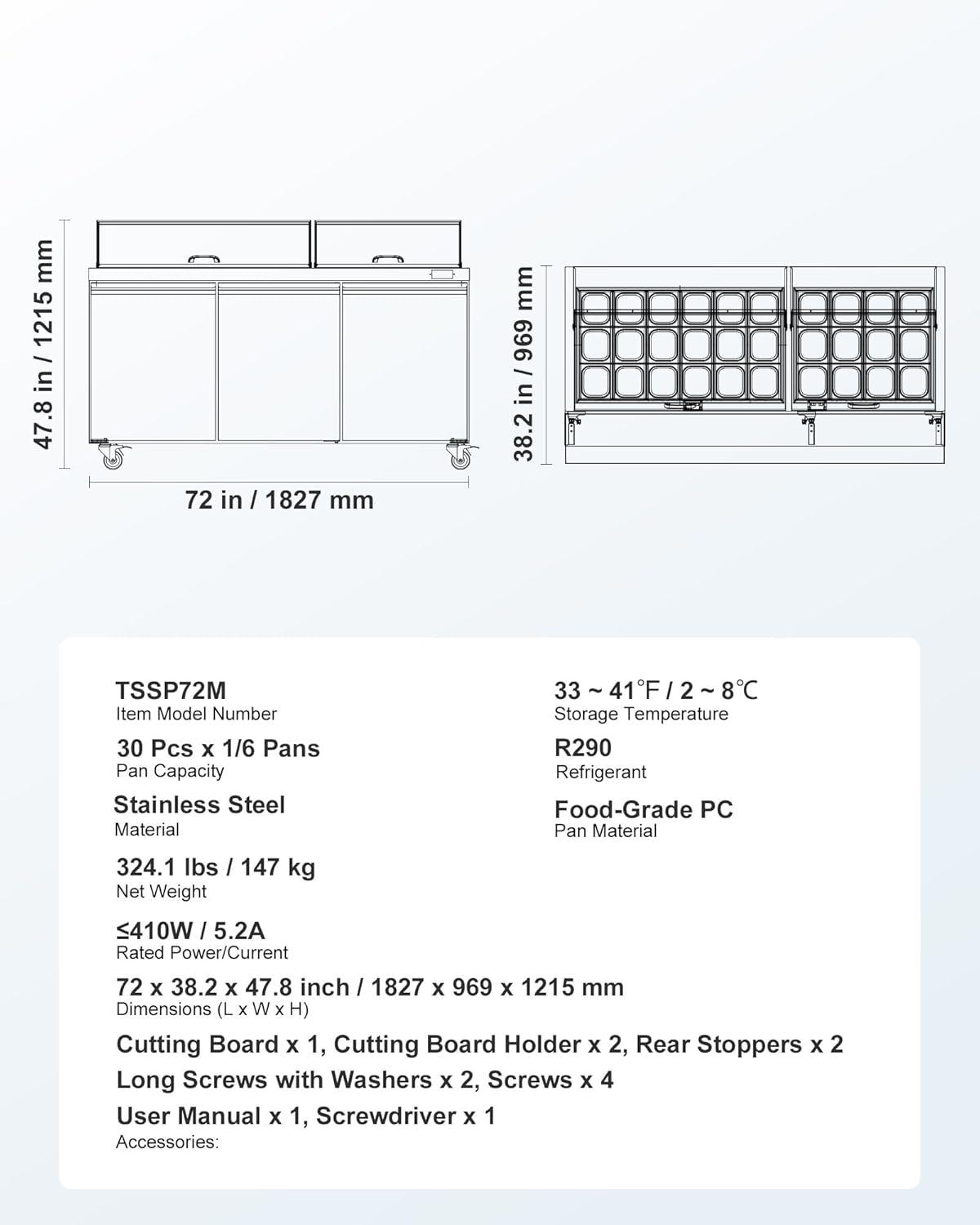 image:imageVEVOR Commercial Refrigerator 48 Worktop Undercounter Refrigerator 1285 Cu Ft Thick Stainless Steel Refrigerated Food Prep Station 2 Door Worktop Fridge with lock for Restaurant Bar Diner72W with 30 Pans