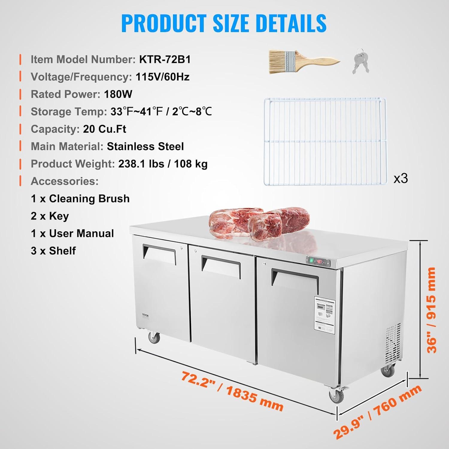 image:imageVEVOR Commercial Refrigerator 48 Worktop Undercounter Refrigerator 1285 Cu Ft Thick Stainless Steel Refrigerated Food Prep Station 2 Door Worktop Fridge with lock for Restaurant Bar Diner72W Worktop Refrigerator