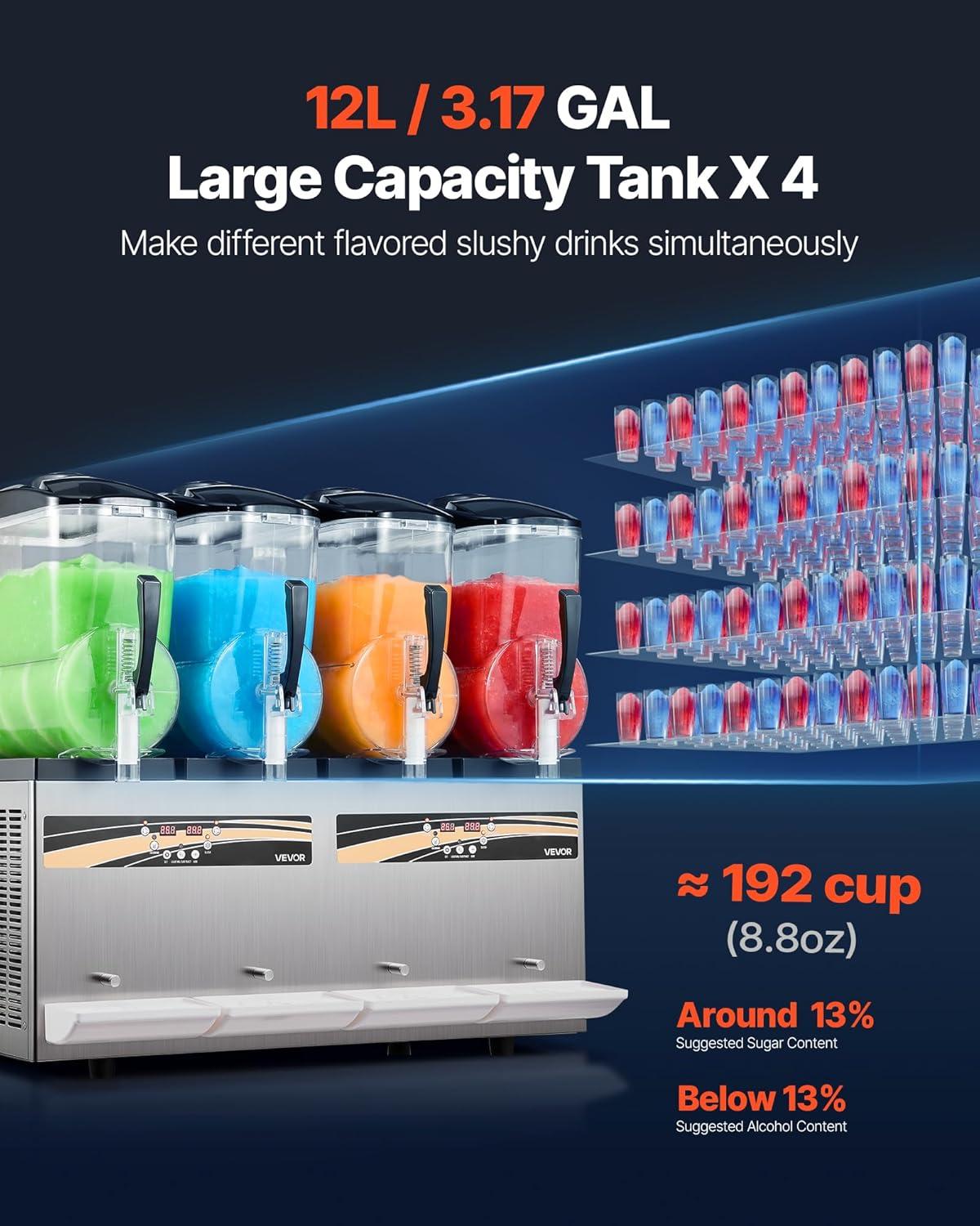 image:imageVEVOR Commercial Slushy Machine 12Lx2 Double Tank Frozen Drink Machine 96 Cups Stainless Steel Margarita Smoothie Frozen Drink Maker Slushie Machine for Home Party Restaurants Cafe Bars48L