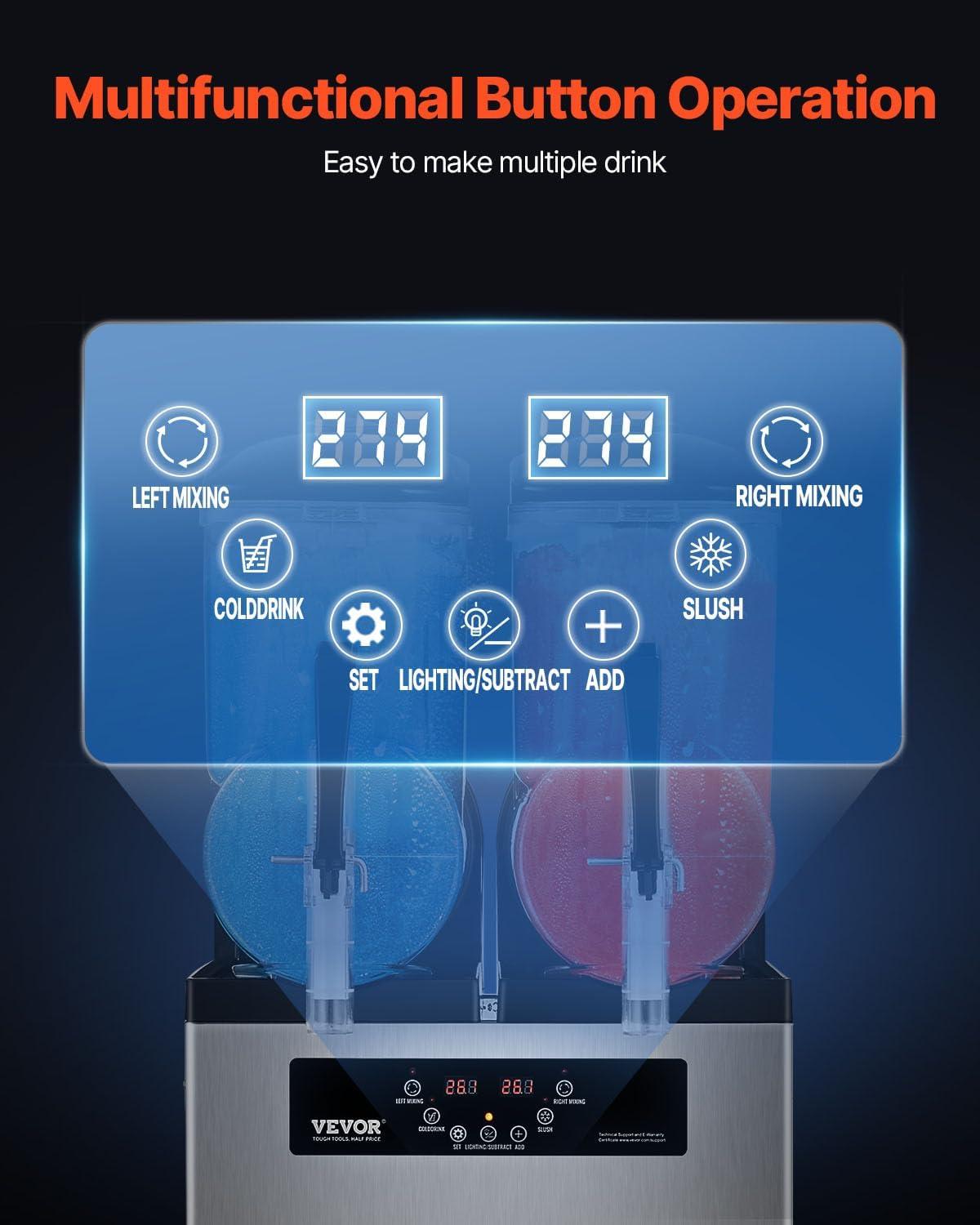 image:imageVEVOR Commercial Slushy Machine 12Lx2 Double Tank Frozen Drink Machine 96 Cups Stainless Steel Margarita Smoothie Frozen Drink Maker Slushie Machine for Home Party Restaurants Cafe Bars24L