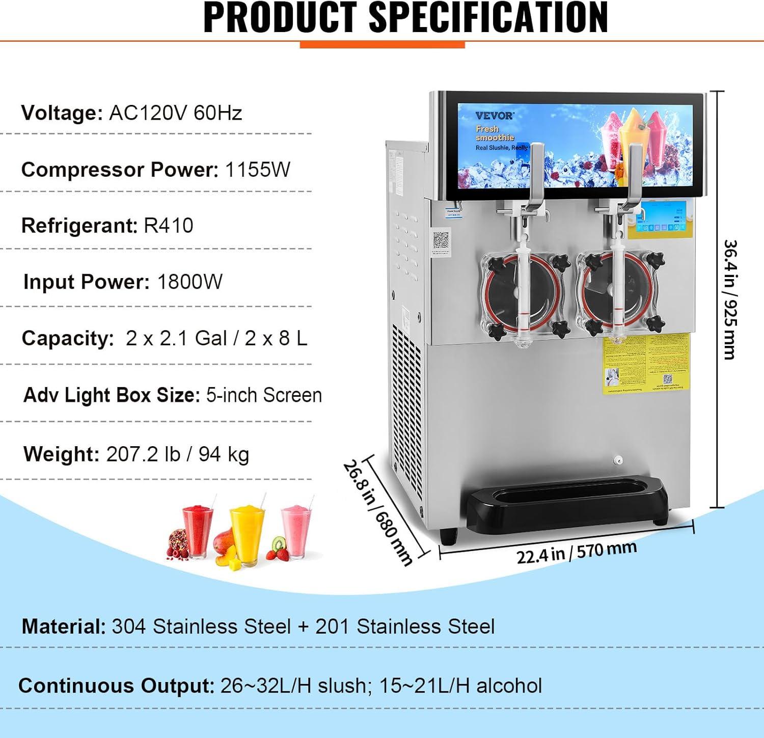 image:imageVEVOR Commercial Slushy Machine 8L 21 Gal Single Bowl Cool and Freeze Modes 1050W Stainless Steel Margarita Smoothie Frozen Drink Maker Slushie Machine for Party Cafes Restaurants Bars Home8L8L