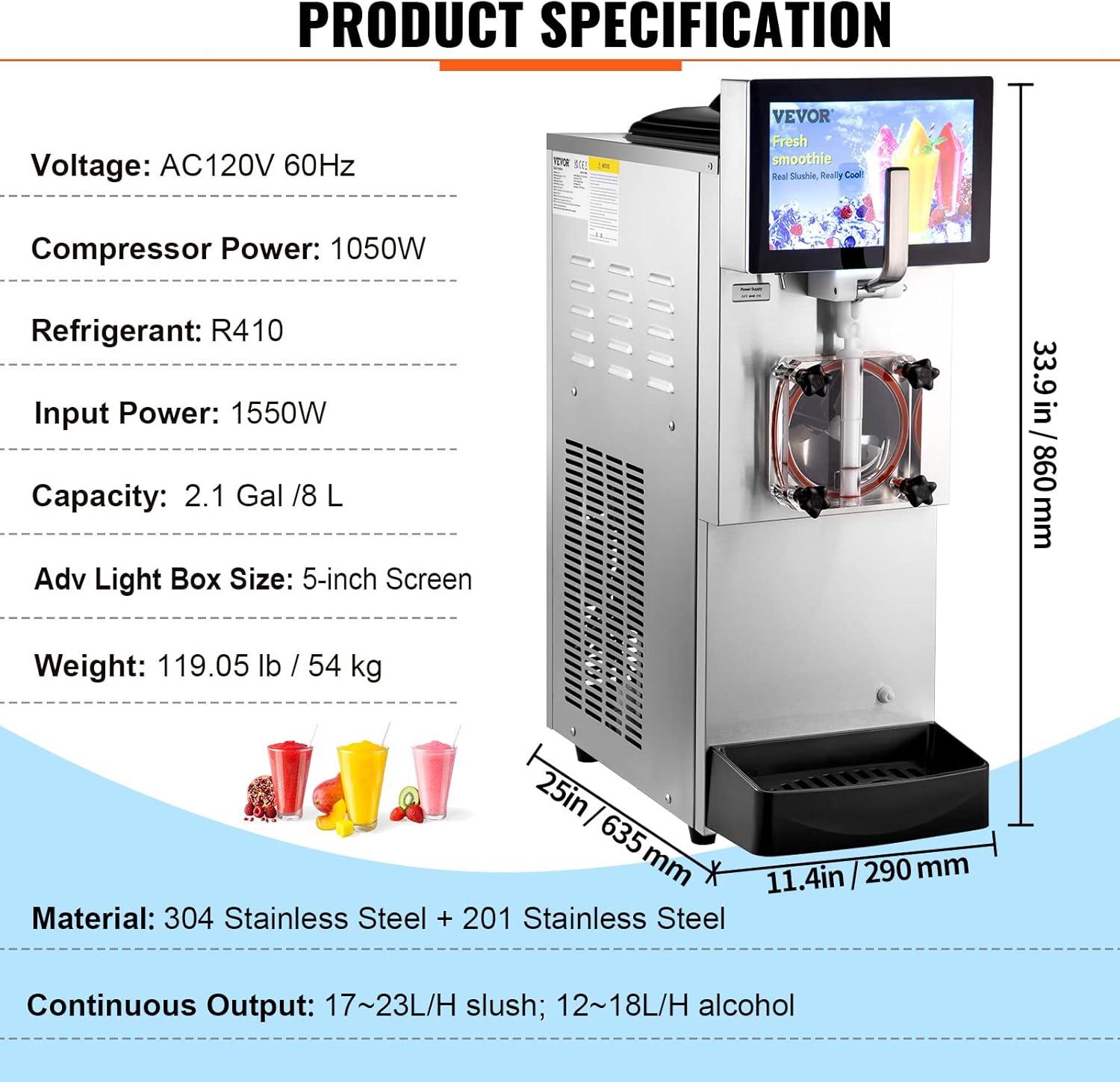 image:imageVEVOR Commercial Slushy Machine 8L 21 Gal Single Bowl Cool and Freeze Modes 1050W Stainless Steel Margarita Smoothie Frozen Drink Maker Slushie Machine for Party Cafes Restaurants Bars Home8L