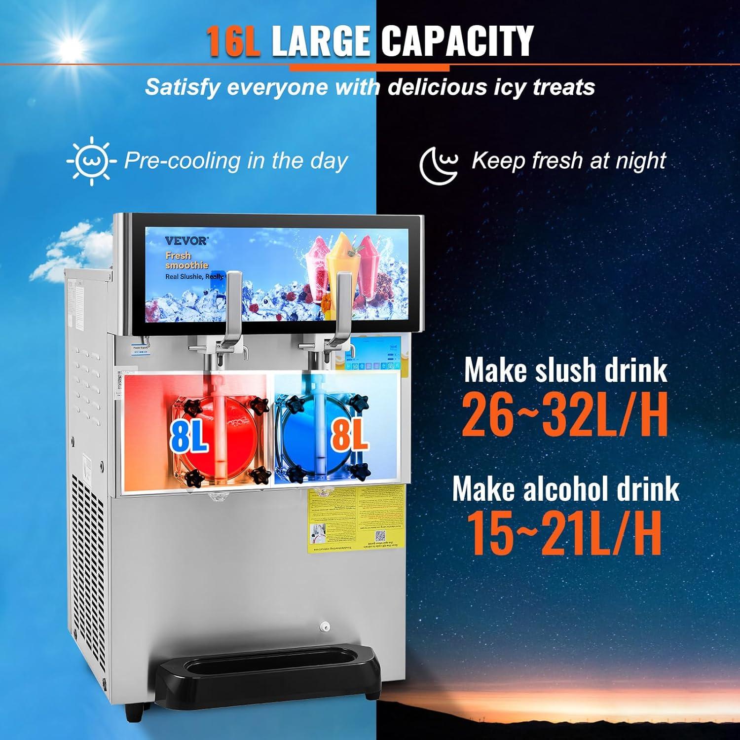 image:imageVEVOR Commercial Slushy Machine 8L 21 Gal Single Bowl Cool and Freeze Modes 1050W Stainless Steel Margarita Smoothie Frozen Drink Maker Slushie Machine for Party Cafes Restaurants Bars Home8L8L