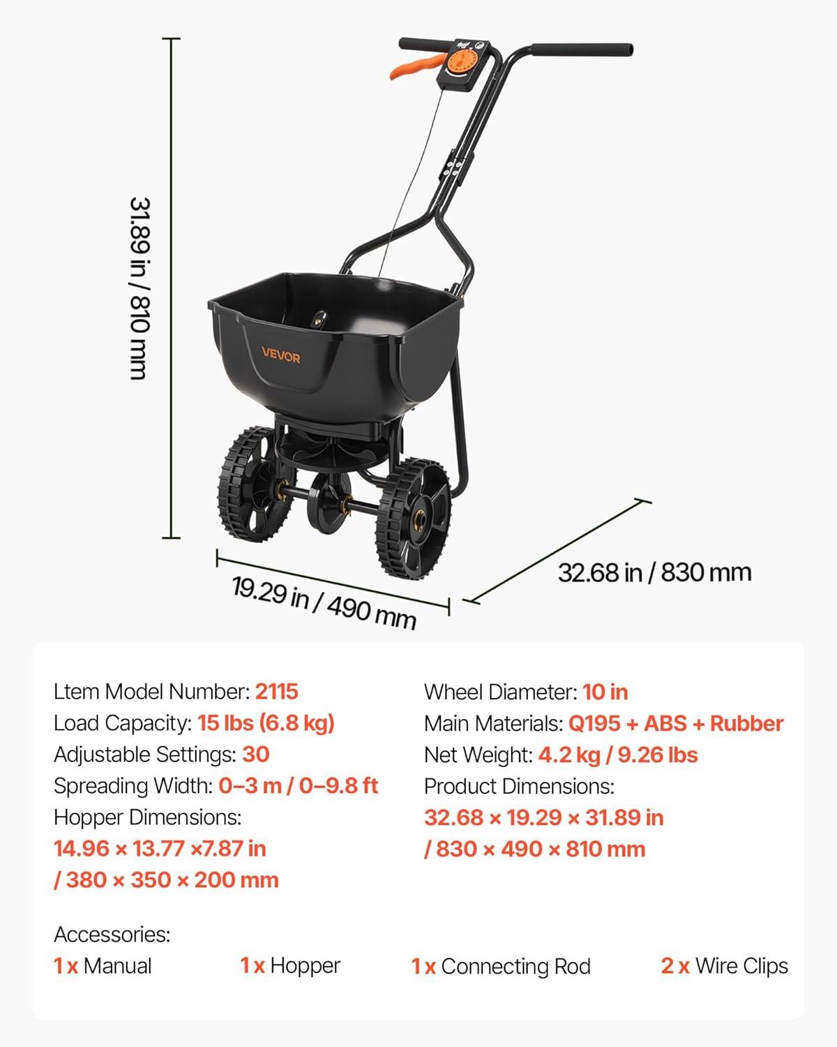 image:imageVEVOR Compost Spreader 244256 Height Adjustable Handle 24 Wide Lawn and Garden Peat Moss Roller with Side Latches Powder Coated Steel Mesh Basket for Spreading Manure Topsoil BlackBlack