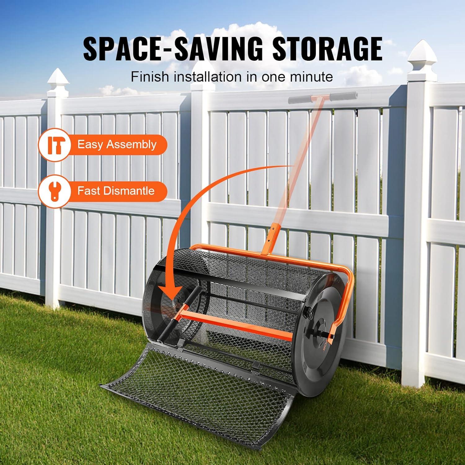 image:imageVEVOR Compost Spreader 244256 Height Adjustable Handle 24 Wide Lawn and Garden Peat Moss Roller with Side Latches Powder Coated Steel Mesh Basket for Spreading Manure Topsoil BlackBlack