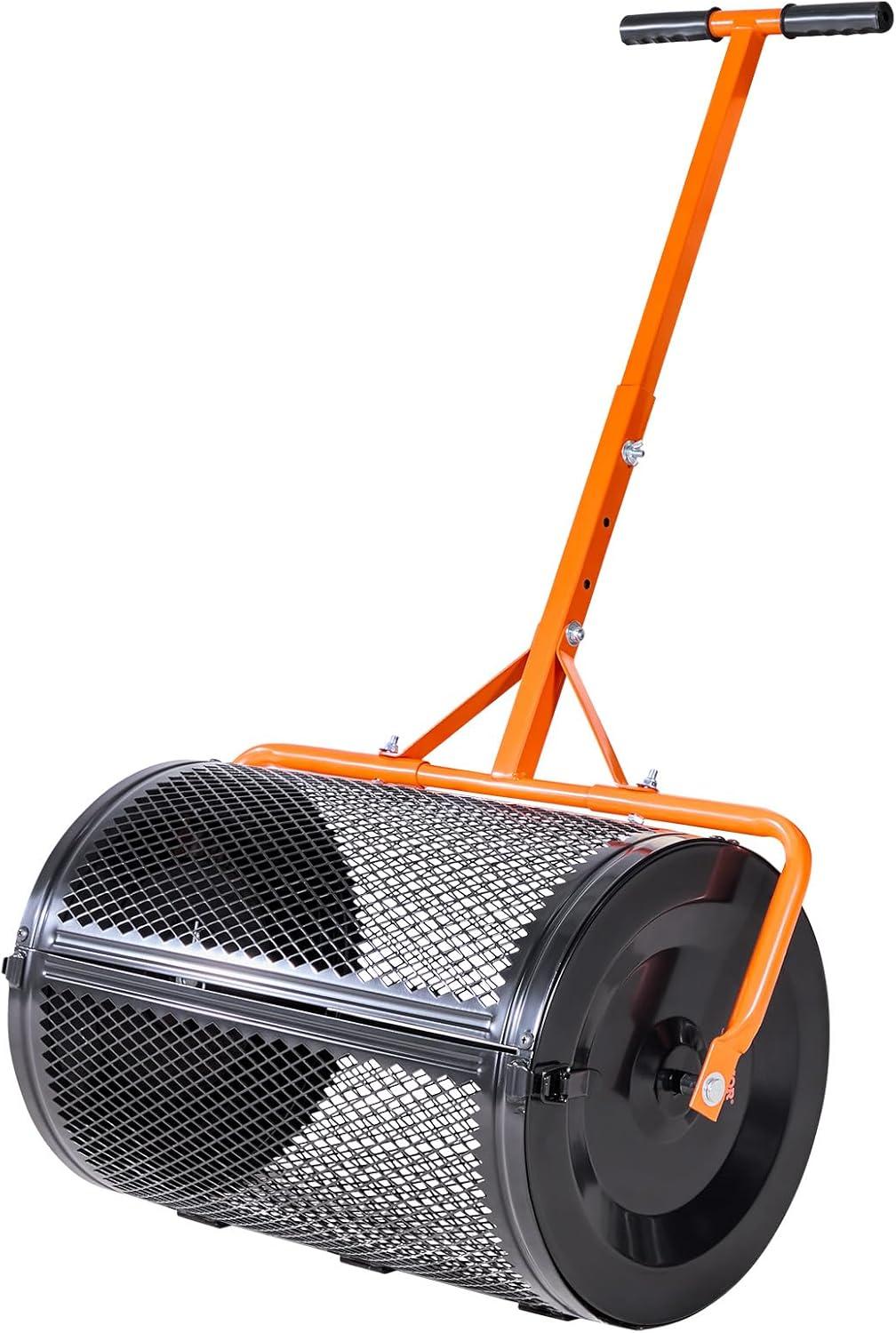 image:imageVEVOR Compost Spreader 244256 Height Adjustable Handle 24 Wide Lawn and Garden Peat Moss Roller with Side Latches Powder Coated Steel Mesh Basket for Spreading Manure Topsoil BlackBlack