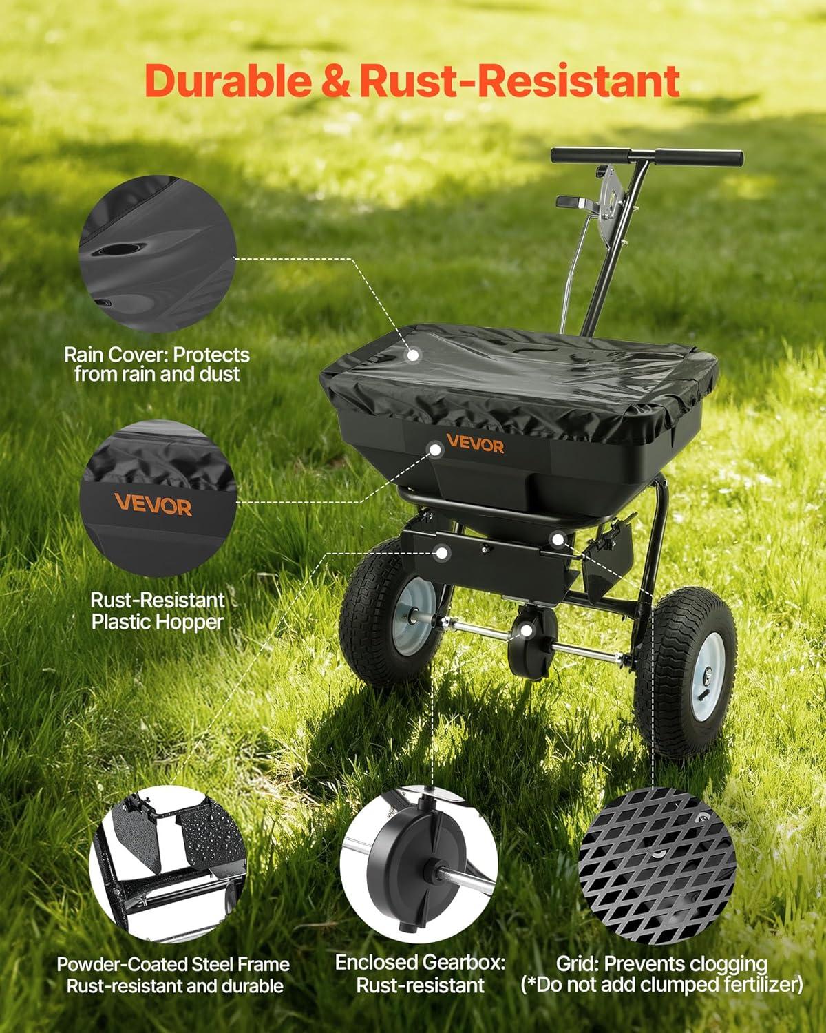 image:imageVEVOR Compost Spreader 244256 Height Adjustable Handle 24 Wide Lawn and Garden Peat Moss Roller with Side Latches Powder Coated Steel Mesh Basket for Spreading Manure Topsoil BlackBlack