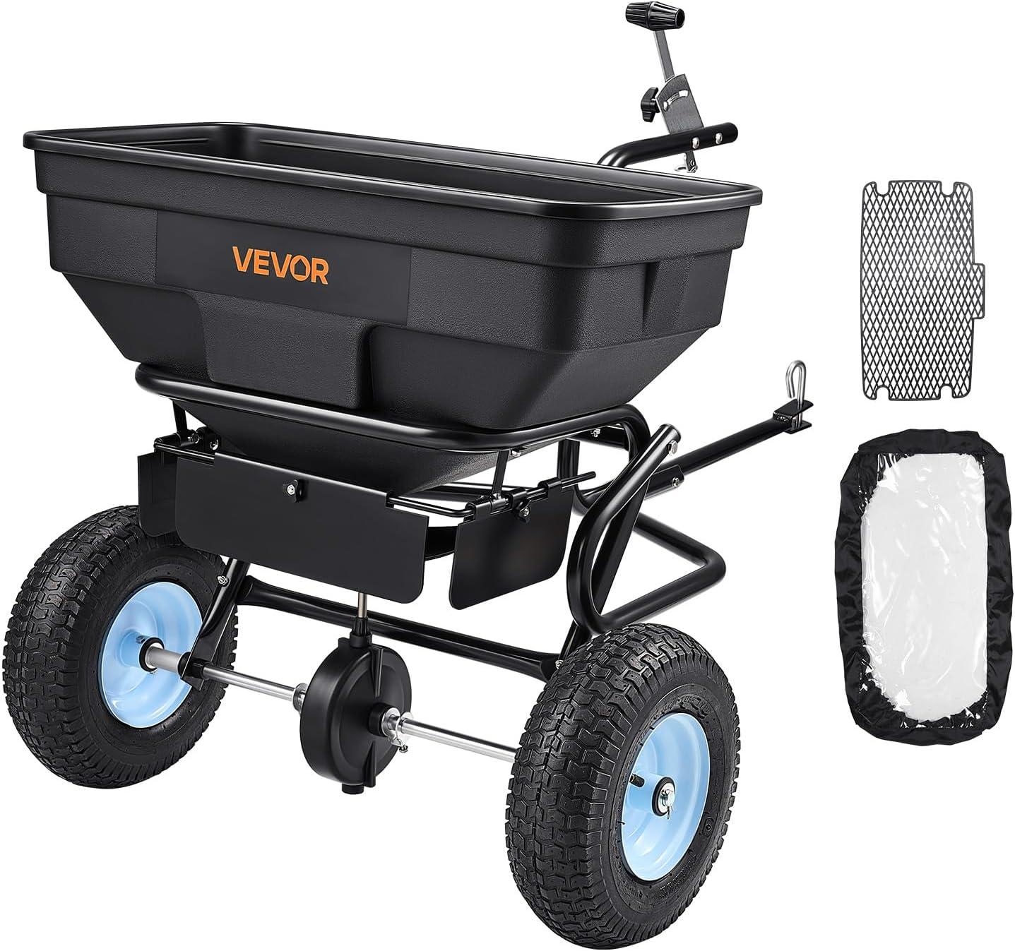 image:imageVEVOR Compost Spreader 244256 Height Adjustable Handle 24 Wide Lawn and Garden Peat Moss Roller with Side Latches Powder Coated Steel Mesh Basket for Spreading Manure Topsoil BlackWhite Hubs Black Components