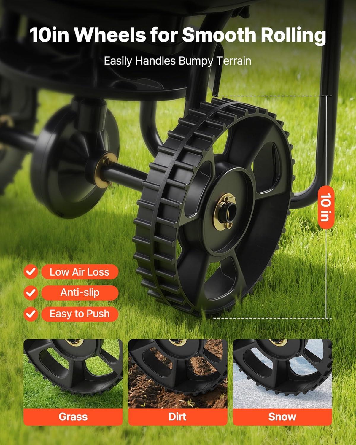 image:imageVEVOR Compost Spreader 244256 Height Adjustable Handle 24 Wide Lawn and Garden Peat Moss Roller with Side Latches Powder Coated Steel Mesh Basket for Spreading Manure Topsoil BlackBlack