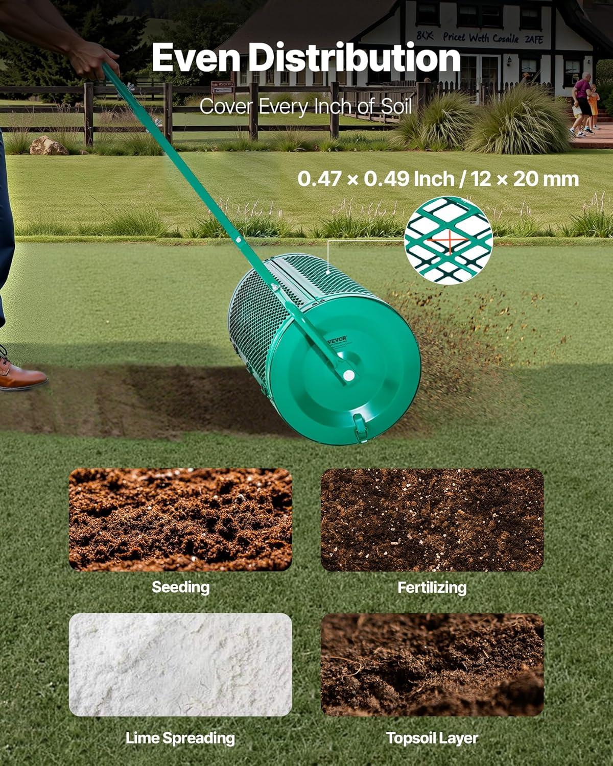 image:imageVEVOR Compost Spreader 244256 Height Adjustable Handle 24 Wide Lawn and Garden Peat Moss Roller with Side Latches Powder Coated Steel Mesh Basket for Spreading Manure Topsoil BlackGreen