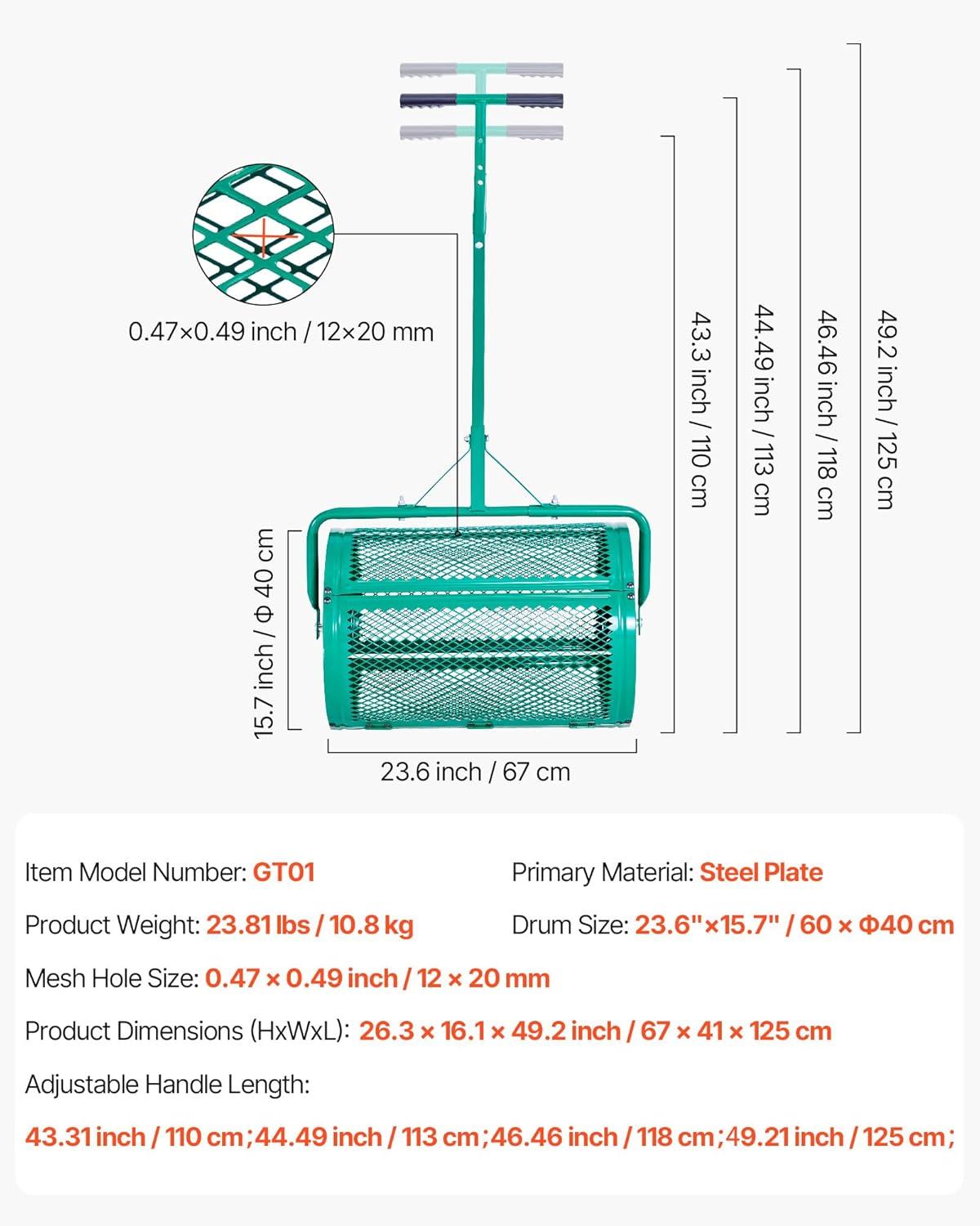 image:imageVEVOR Compost Spreader 244256 Height Adjustable Handle 24 Wide Lawn and Garden Peat Moss Roller with Side Latches Powder Coated Steel Mesh Basket for Spreading Manure Topsoil BlackGreen