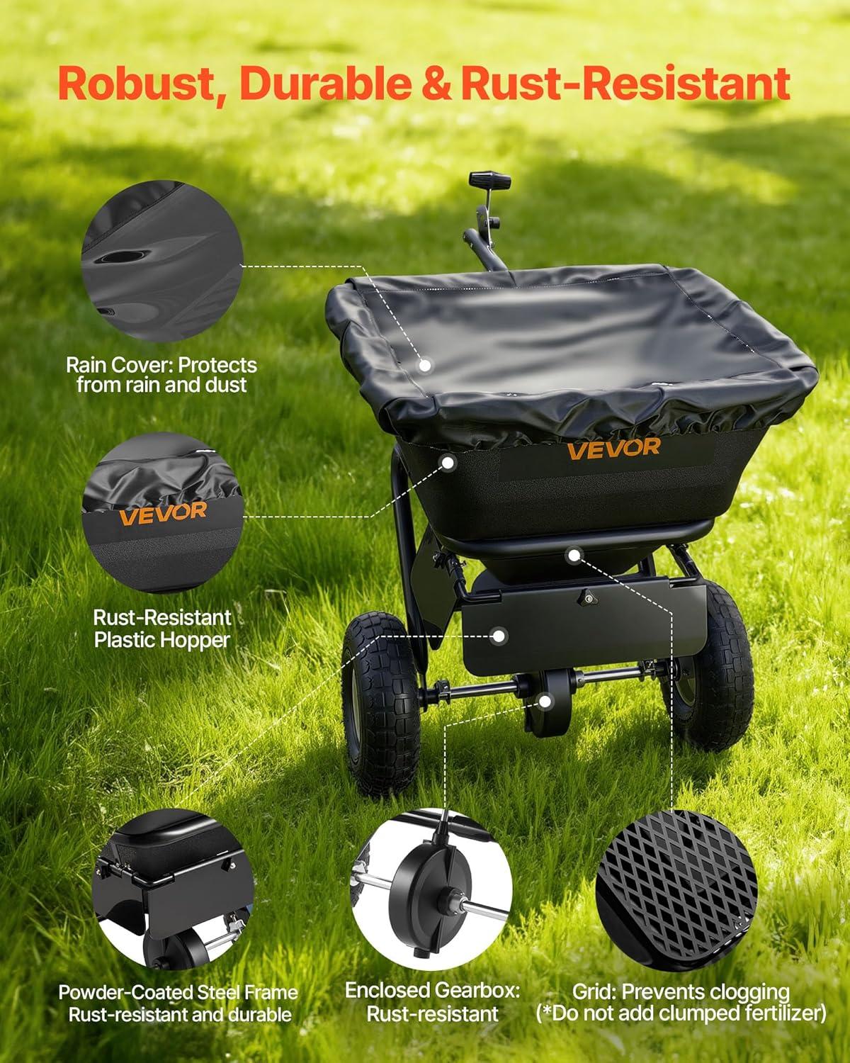 image:imageVEVOR Compost Spreader 244256 Height Adjustable Handle 24 Wide Lawn and Garden Peat Moss Roller with Side Latches Powder Coated Steel Mesh Basket for Spreading Manure Topsoil BlackBlack