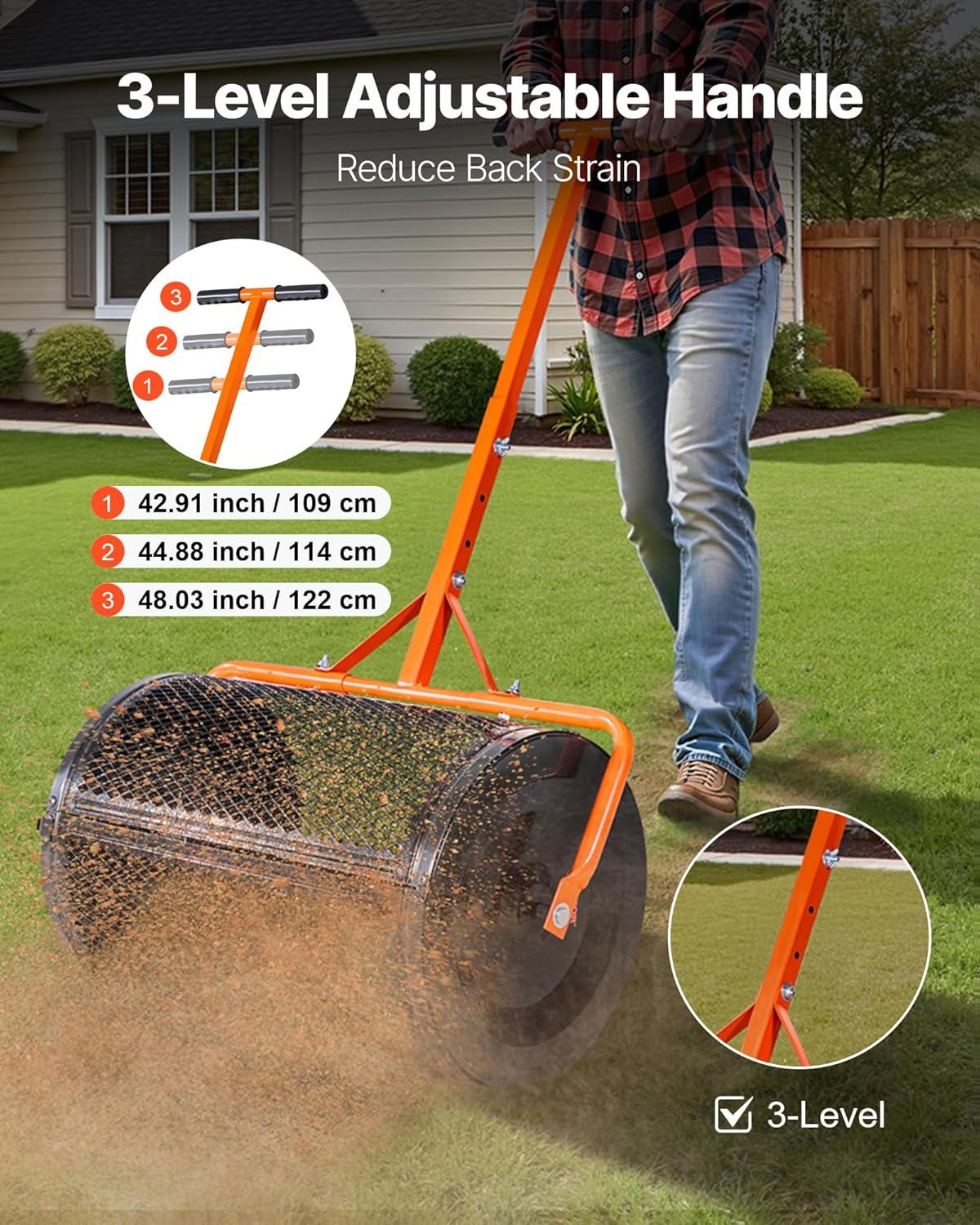 image:imageVEVOR Compost Spreader 244256 Height Adjustable Handle 24 Wide Lawn and Garden Peat Moss Roller with Side Latches Powder Coated Steel Mesh Basket for Spreading Manure Topsoil BlackBlack