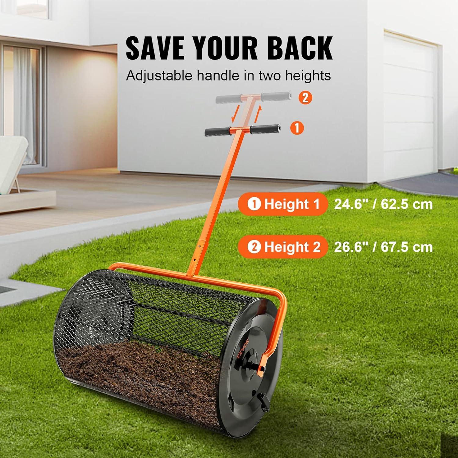 image:imageVEVOR Compost Spreader 244256 Height Adjustable Handle 24 Wide Lawn and Garden Peat Moss Roller with Side Latches Powder Coated Steel Mesh Basket for Spreading Manure Topsoil BlackBlack