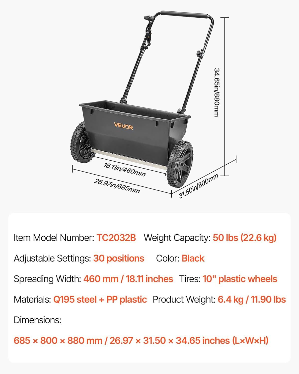 image:imageVEVOR Compost Spreader 244256 Height Adjustable Handle 24 Wide Lawn and Garden Peat Moss Roller with Side Latches Powder Coated Steel Mesh Basket for Spreading Manure Topsoil BlackBlack