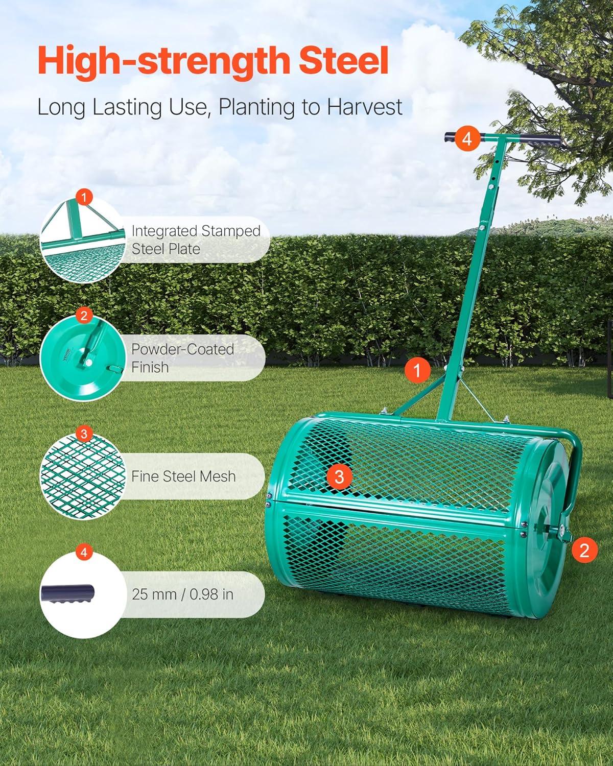 image:imageVEVOR Compost Spreader 244256 Height Adjustable Handle 24 Wide Lawn and Garden Peat Moss Roller with Side Latches Powder Coated Steel Mesh Basket for Spreading Manure Topsoil BlackGreen