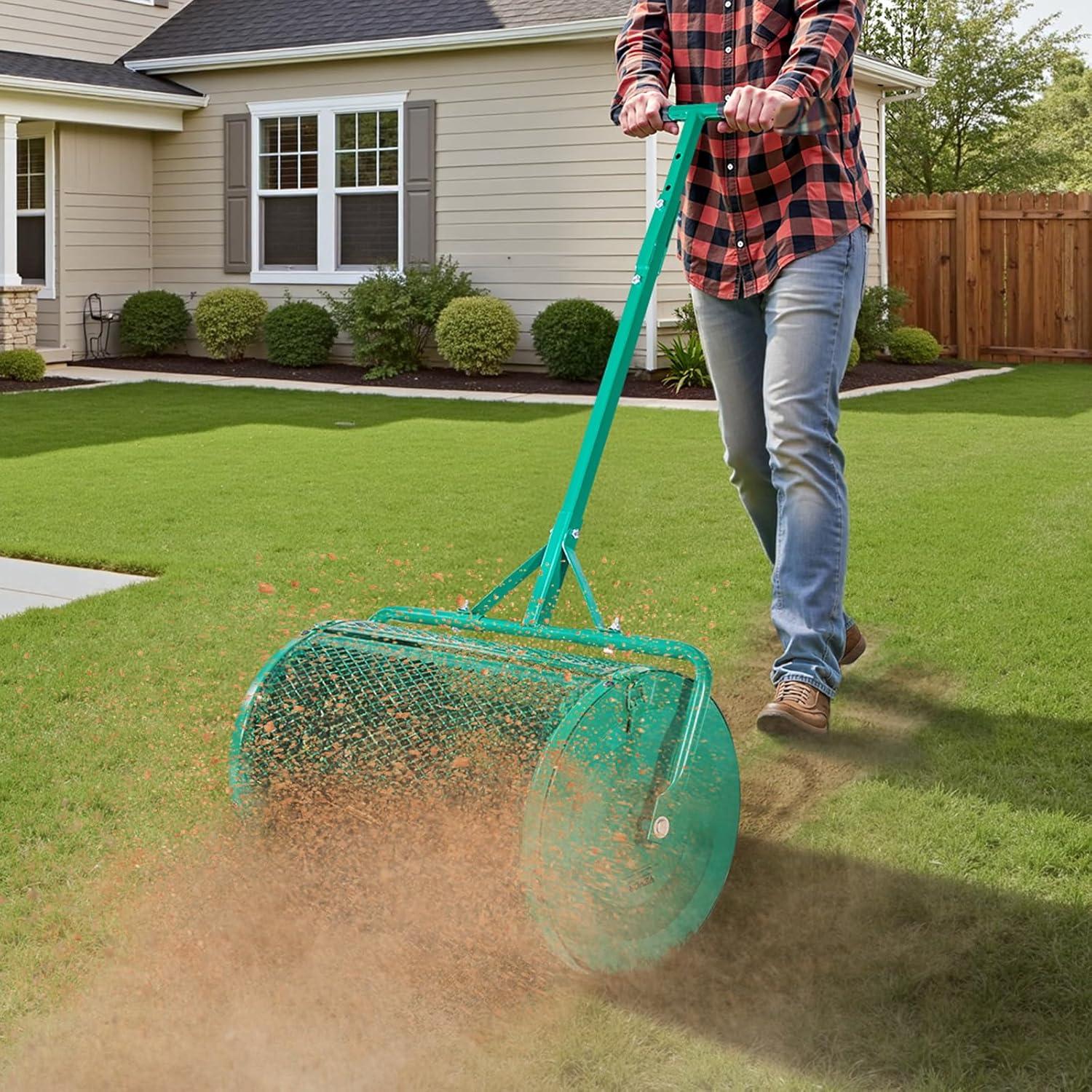 image:imageVEVOR Compost Spreader 244256 Height Adjustable Handle 24 Wide Lawn and Garden Peat Moss Roller with Side Latches Powder Coated Steel Mesh Basket for Spreading Manure Topsoil BlackGreen